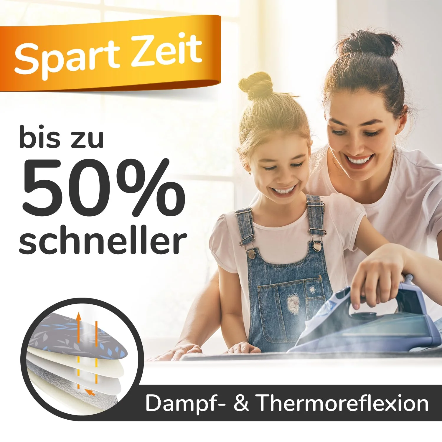 Super Soft 5 Schichten Turbo-Bügelbrettbezug 120x45, Made in Germany, ÖKOTEX Baumwoll-Polsterung, schneller mit Thermoreflexion, 5 Größen, EasyFit+Spanner, XL Fläche 120-125x38-45cm - Image 4