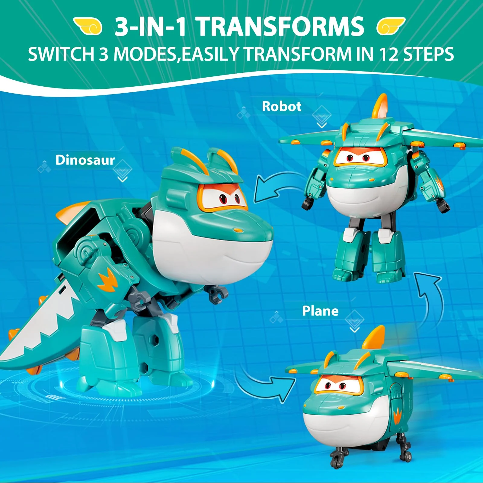 Super Wings 5" Transforming Characters 2-Pack Transforming Supercharged Jett + Tino, Transformer Spielzeug für 3+ Jahre Alten Jungen Mädchen, Rot - Image 8