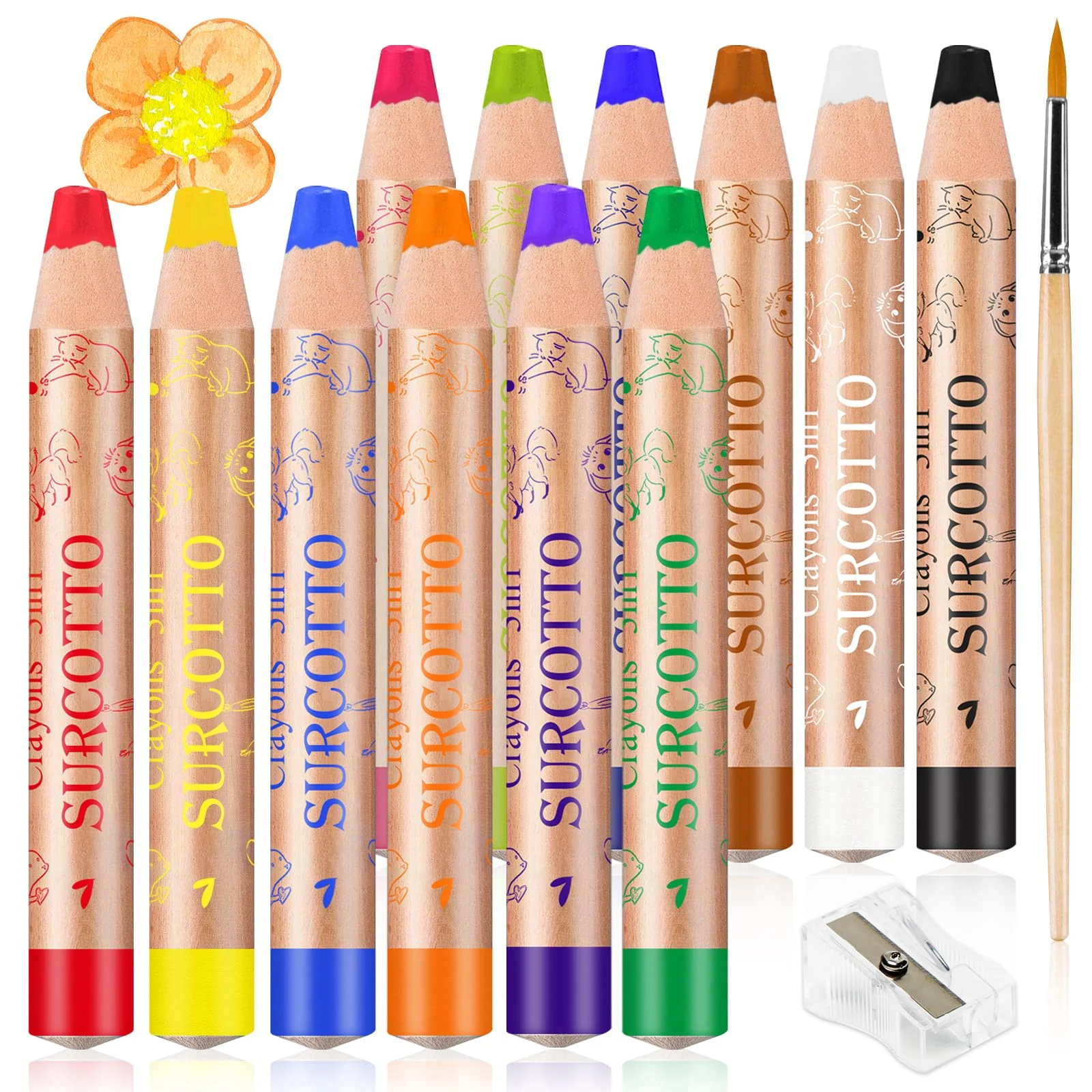 Surcotto 3 in 1 Buntstifte Kinder - Wasserlöslich - 12er Pack mit 1 Spitzer & 1 Pinsel, Dicke Holz-Wachskreiden/Aquarell-Wachsmalstifte, Malstifte für Kleinkinder Mädchen Junge Starter, Mehrfarbig - Image 3
