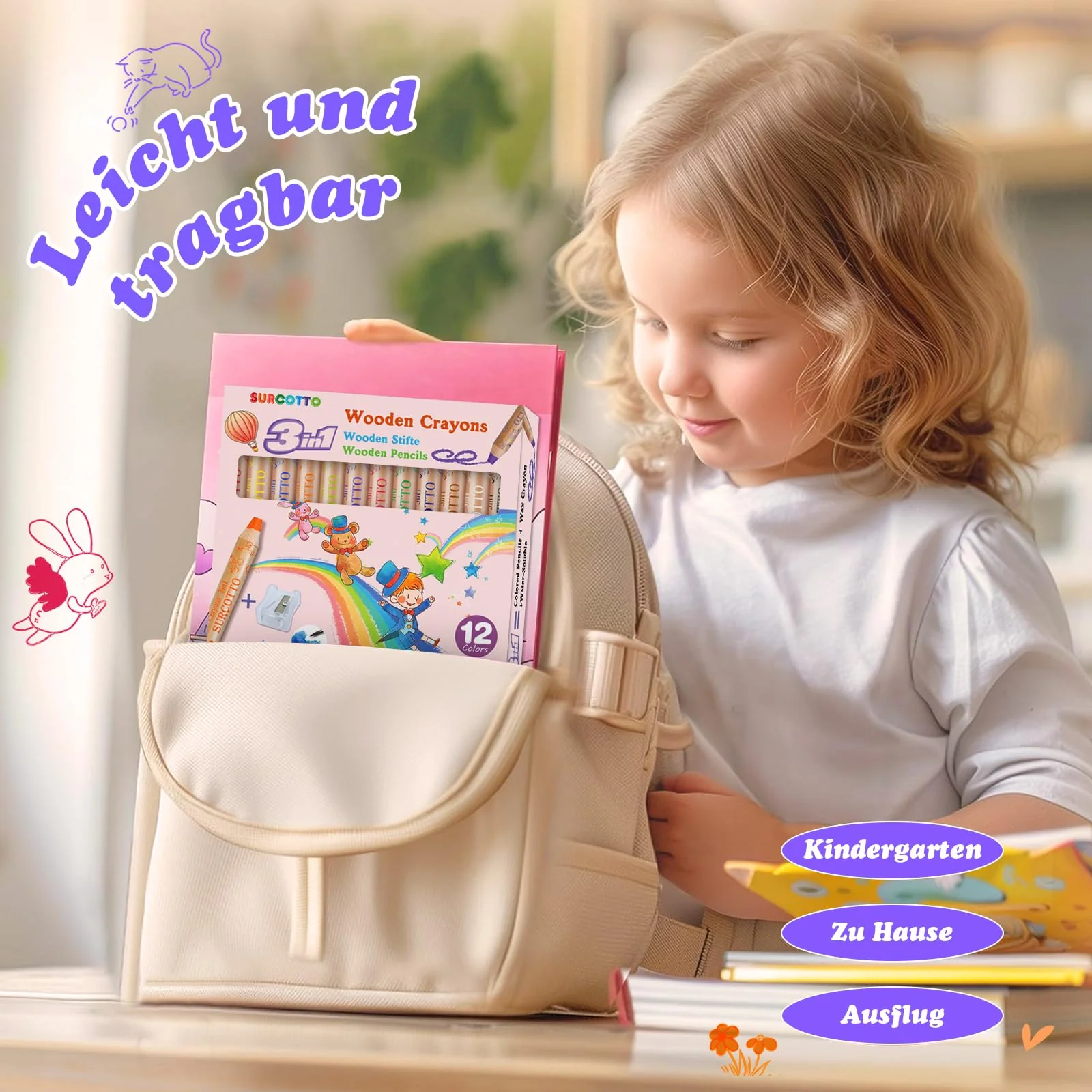 Surcotto 3 in 1 Buntstifte Kinder - Wasserlöslich - 12er Pack mit 1 Spitzer & 1 Pinsel, Dicke Holz-Wachskreiden/Aquarell-Wachsmalstifte, Malstifte für Kleinkinder Mädchen Junge Starter, Mehrfarbig - Image 4