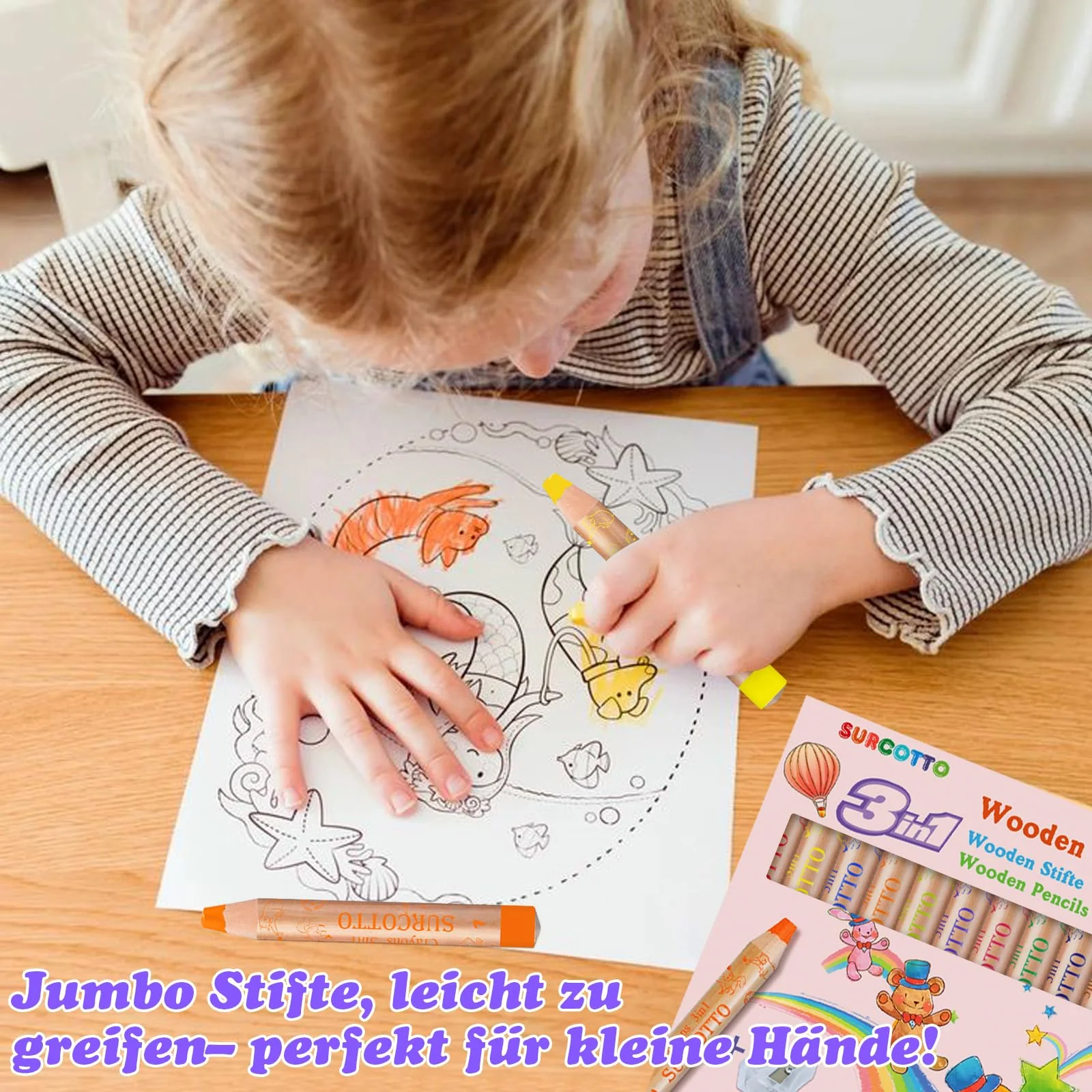 Surcotto 3 in 1 Buntstifte Kinder - Wasserlöslich - 12er Pack mit 1 Spitzer & 1 Pinsel, Dicke Holz-Wachskreiden/Aquarell-Wachsmalstifte, Malstifte für Kleinkinder Mädchen Junge Starter, Mehrfarbig - Image 9