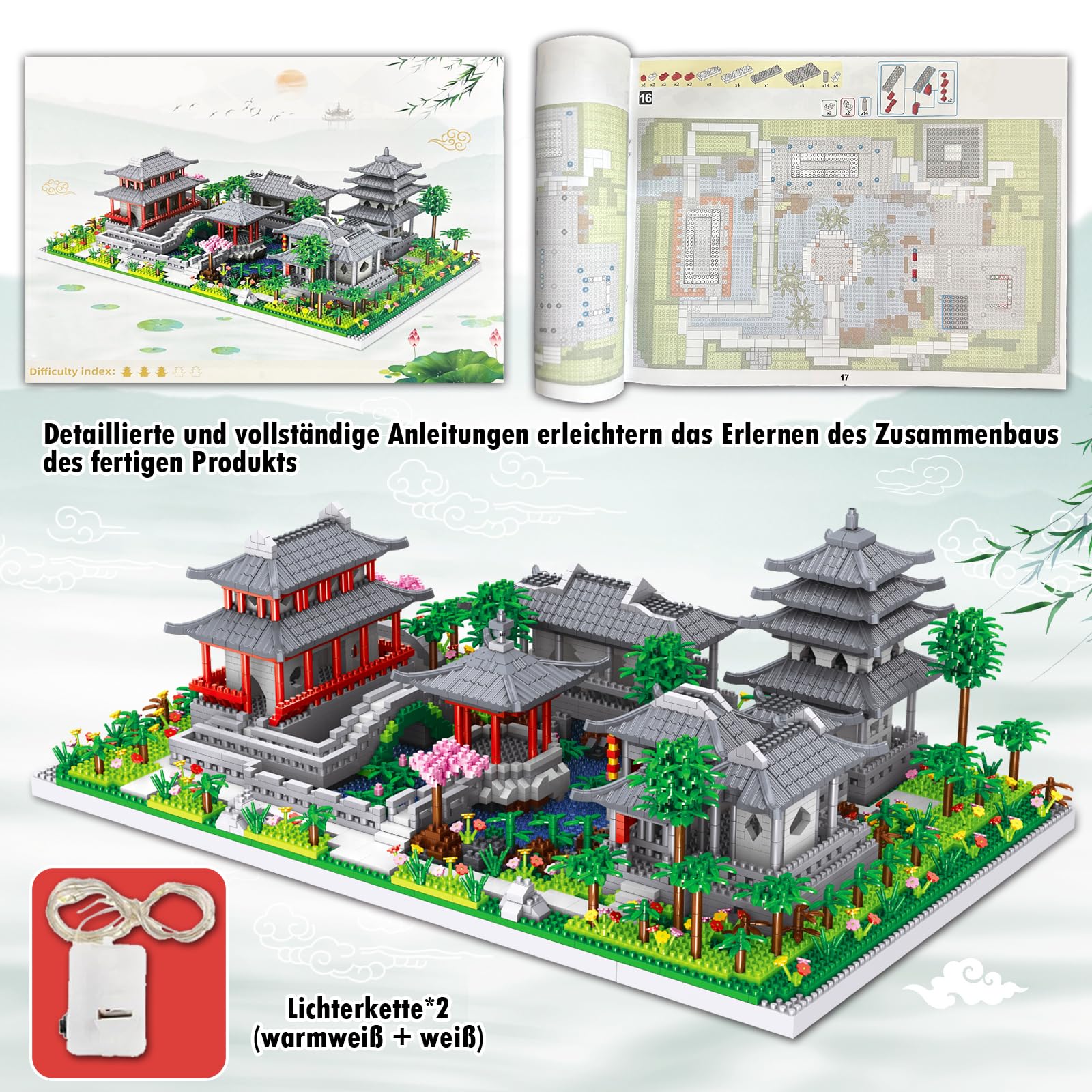 Suzhou Garden Baumhaus Bauklötze Kit, 3930 Teile Chinesische Architecture Suzhou Bauspielzeugsets mit Lichterkette, Suzhou Garden Haus Deko Modell, Klemmbausteine Building Blocks für Erwachsene Kinder - Image 5