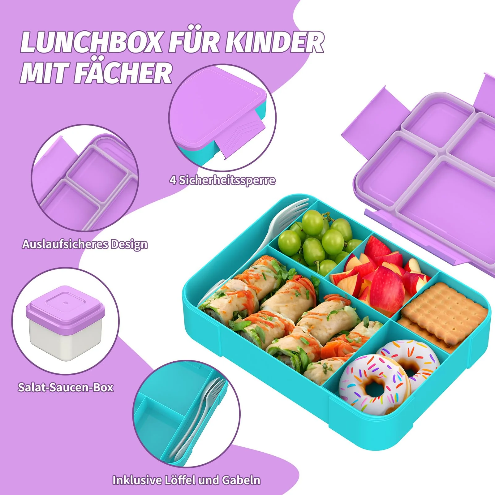 SWVIODMT Brotdose Kinder mit Fächern 1300 ml Lunchbox für Kinder, Auslaufsichere Lunchbox mit 5 Fächern, Snackbox für Mädchen & Jungen, perfekt für Schule, Kindergarten (Macaron Lila) - Image 6