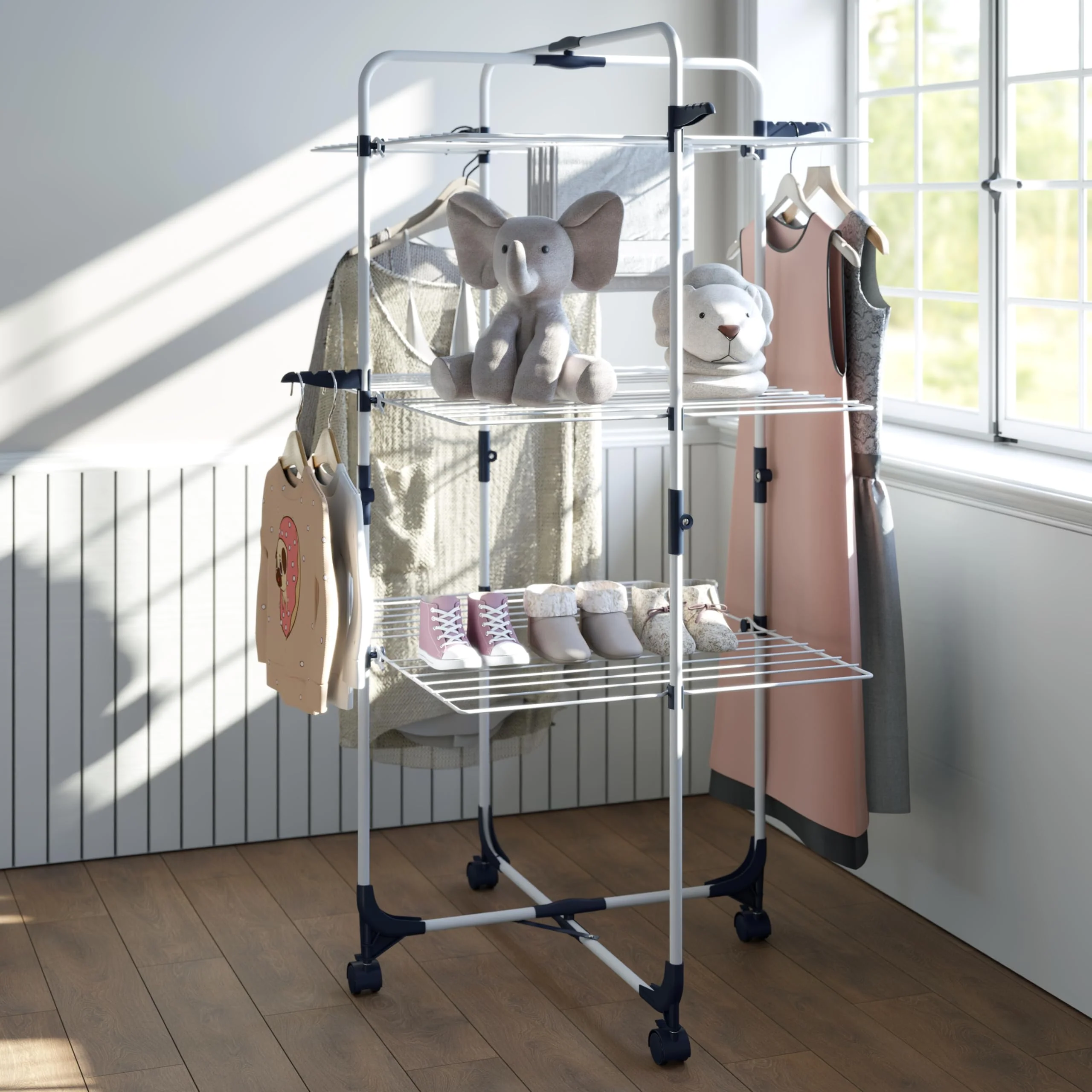 SYKIARIOL Wäscheständer, 3-stufiger zusammenklappbarer Wäscheständer mit Rädern und 4 Haken, für den Innen- und Außenbereich, für Bettwäsche, Kleidung, Socken, Schals Weiß - Image 3