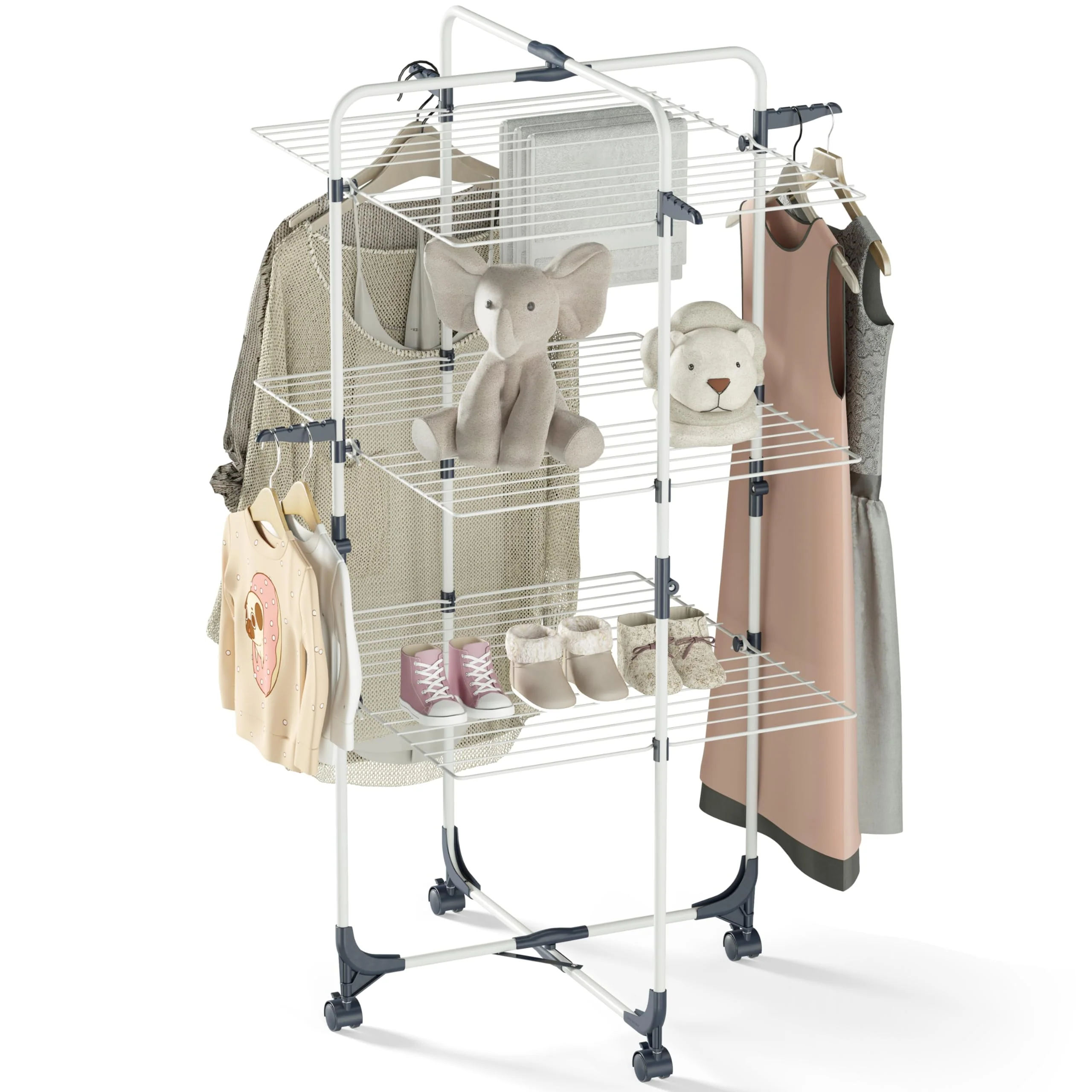 SYKIARIOL Wäscheständer, 3-stufiger zusammenklappbarer Wäscheständer mit Rädern und 4 Haken, für den Innen- und Außenbereich, für Bettwäsche, Kleidung, Socken, Schals Weiß - Image 5