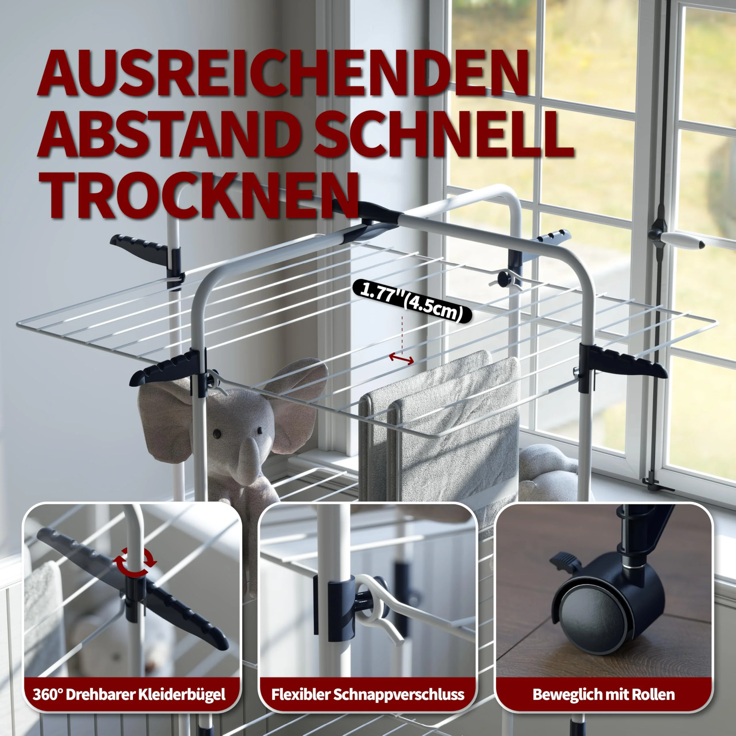 SYKIARIOL Wäscheständer, 3-stufiger zusammenklappbarer Wäscheständer mit Rädern und 4 Haken, für den Innen- und Außenbereich, für Bettwäsche, Kleidung, Socken, Schals Weiß - Image 6
