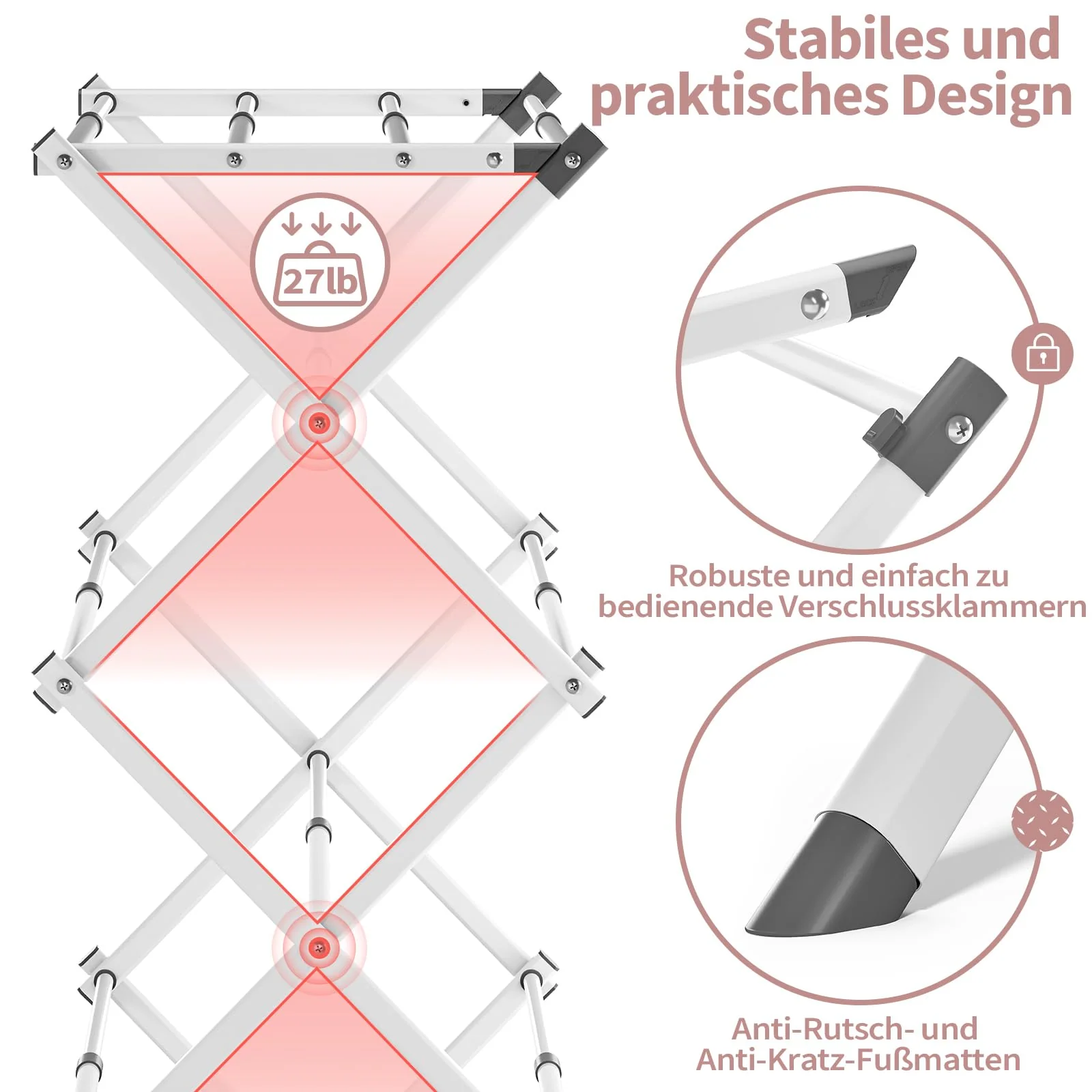 SYKIARIOL Wäscheständer Klappbar Platzsparend, Standtrockner mit 3 Ebenen und 11 Stangen, Kleiner Turmwäscheständer, Faltbarer und ausziehbarer Wäscheturm für Wäscheküche, Weiß - Image 2