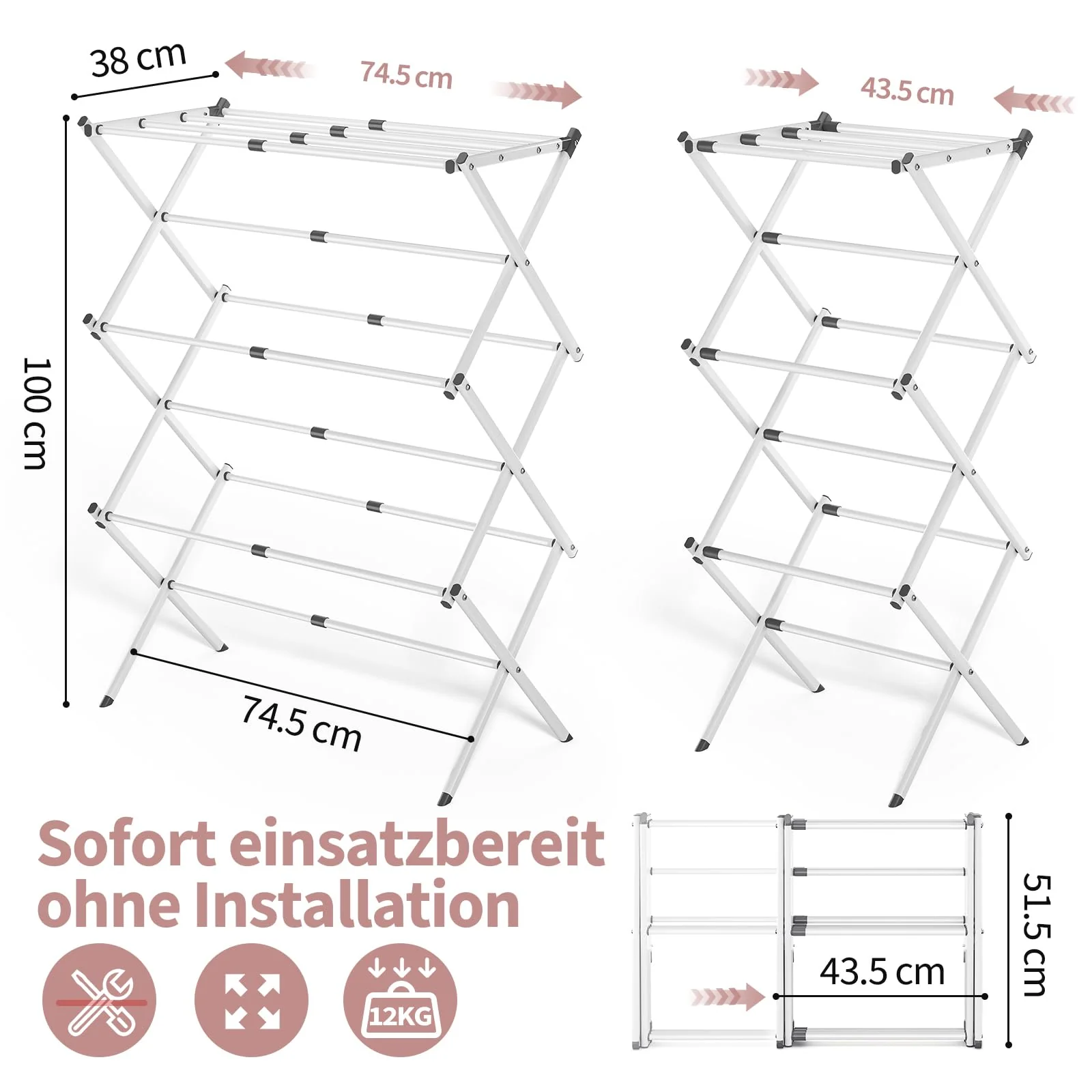 SYKIARIOL Wäscheständer Klappbar Platzsparend, Standtrockner mit 3 Ebenen und 11 Stangen, Kleiner Turmwäscheständer, Faltbarer und ausziehbarer Wäscheturm für Wäscheküche, Weiß - Image 4