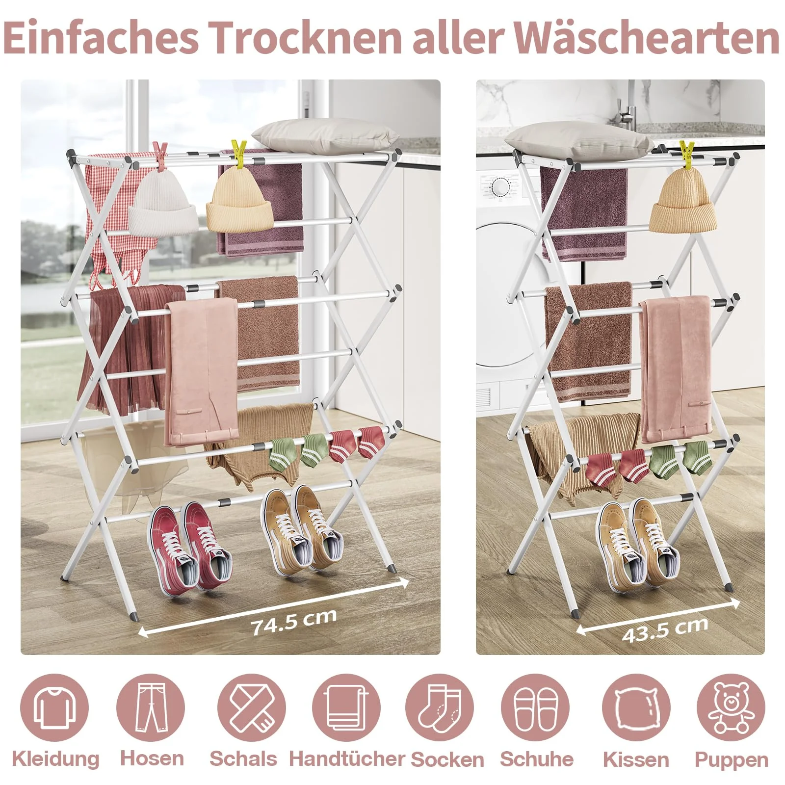 SYKIARIOL Wäscheständer Klappbar Platzsparend, Standtrockner mit 3 Ebenen und 11 Stangen, Kleiner Turmwäscheständer, Faltbarer und ausziehbarer Wäscheturm für Wäscheküche, Weiß - Image 7