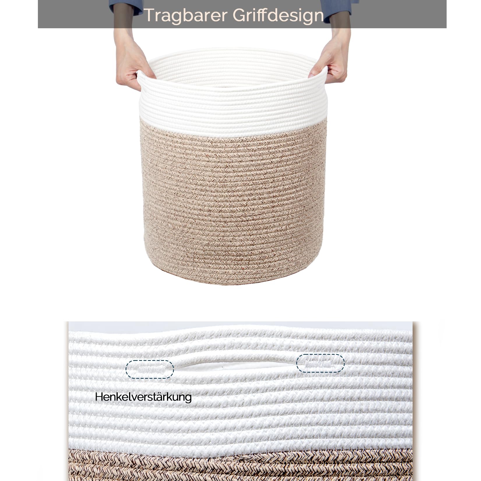 SYLANDO Waschekorb aus Baumwolle mit Griffen, Aufbewahrungskorb Geflochten, Laundry Baskets, Korb Aufbewahrung für decken, spielzeug, kuscheltier,Kleidung (Braun-H40) - Image 5