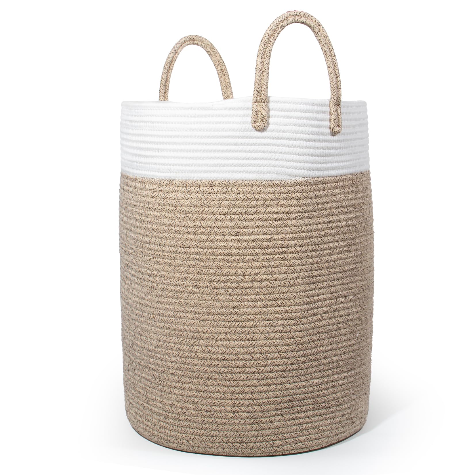 SYLANDO Wäschekorb mit Henkel, Spielzeug Aufbewahrung, Aufbewahrungsbox Geflochten, Wäschesammler Groß, Aufbewahrungskorb Kinderzimmer (Braun&Weiß, D 38 x H 50 CM) - Image 5