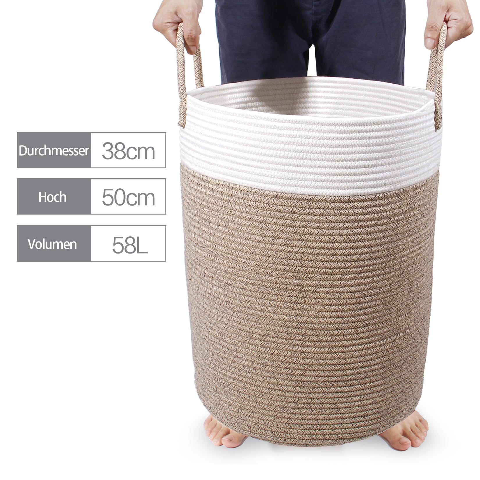 SYLANDO Wäschekorb mit Henkel, Spielzeug Aufbewahrung, Aufbewahrungsbox Geflochten, Wäschesammler Groß, Aufbewahrungskorb Kinderzimmer (Braun&Weiß, D 38 x H 50 CM) - Image 6