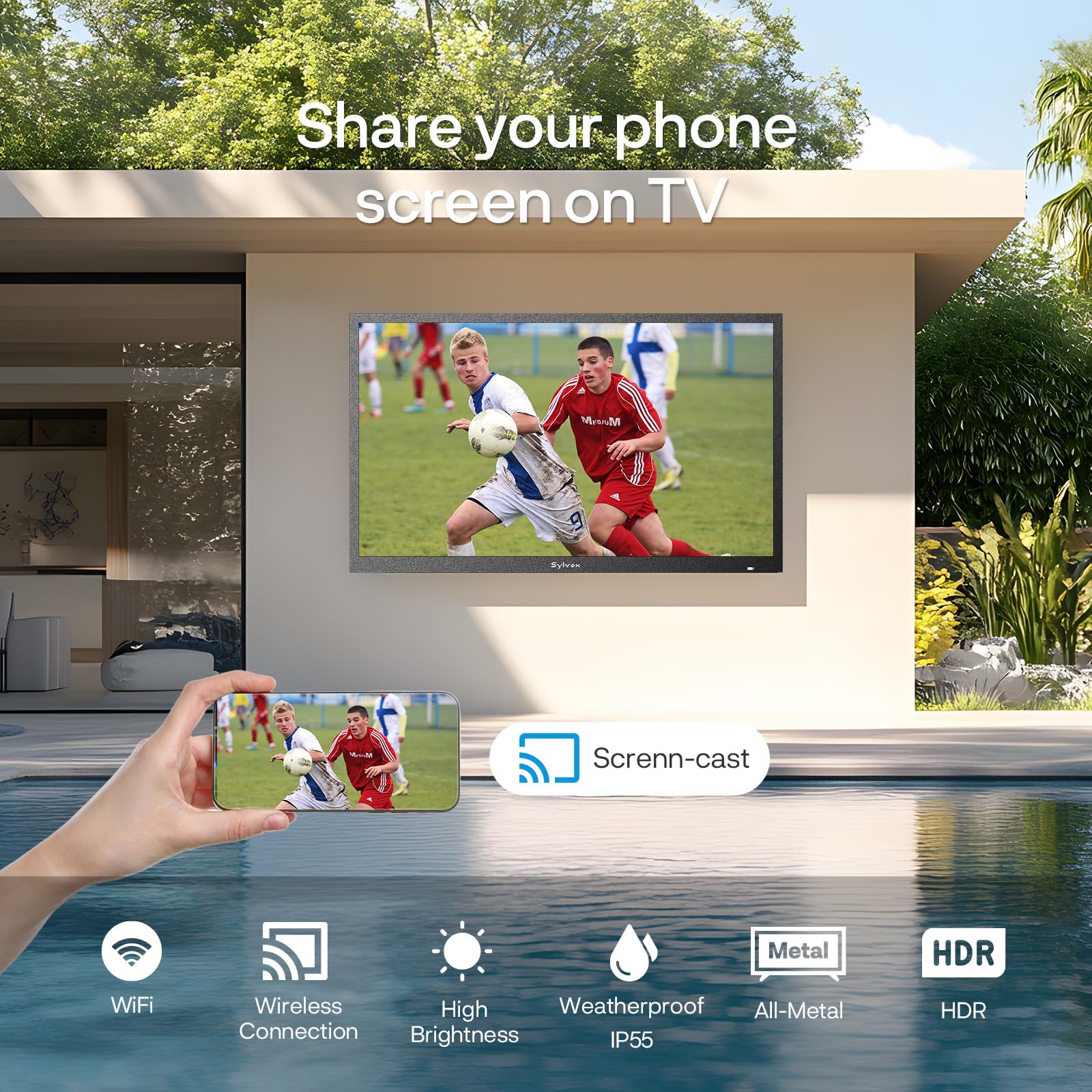 SYLVOX 32 Zoll Outdoor TV, IP55 wasserdichte Smart Google TV mit 1500 Nits Helligkeit, 1080P FHD, Wetterfester Outdoor Fernseher für Garten, Terrasse, Balkon (Pool SE 2025) - Image 6