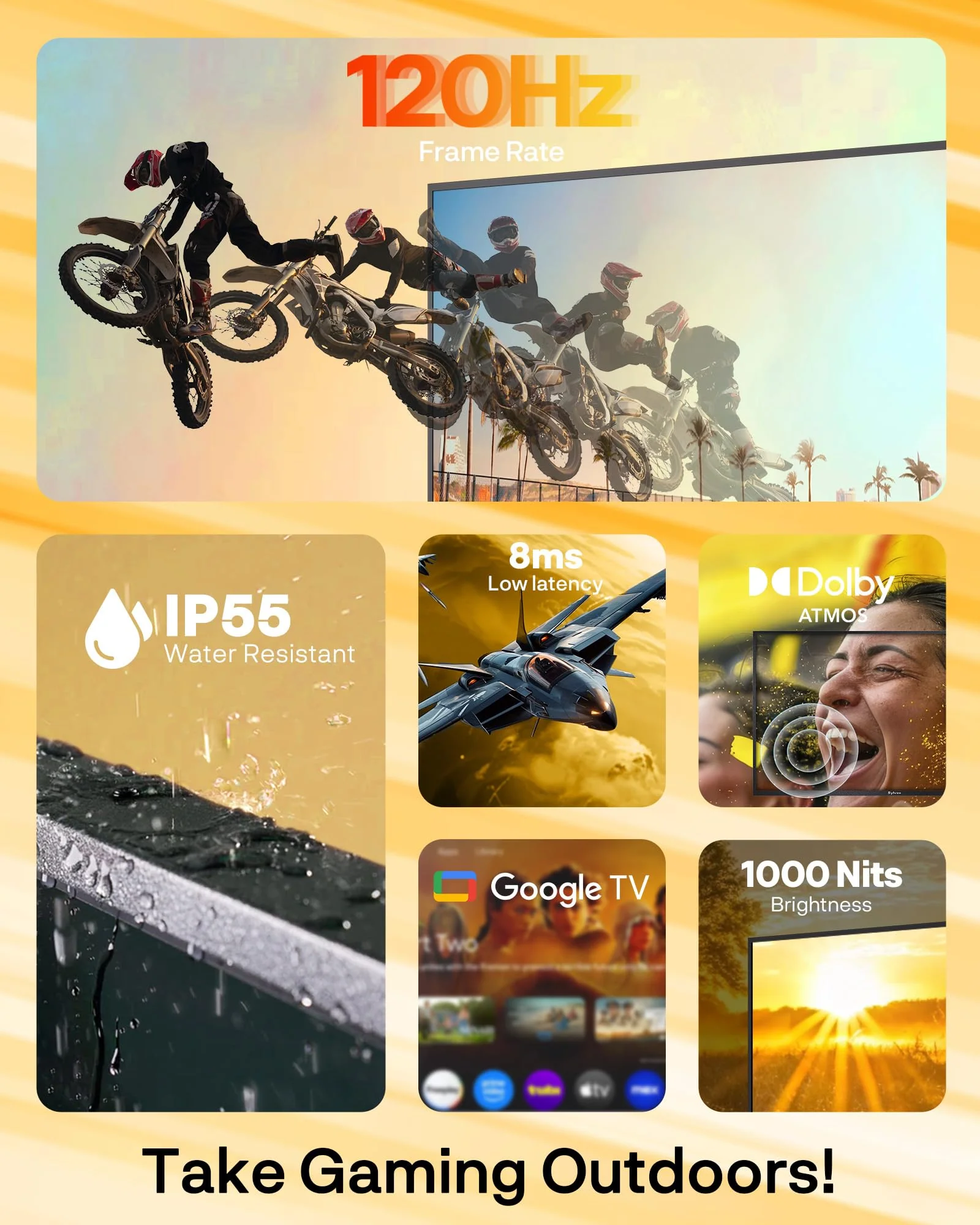 SYLVOX 65" Outdoor Fernseher, 120Hz| 4K Ultra HD | HDR 10 | Dolby Atmos | Google Outdoor TV, WiFi 5G & HDMI 2.1 Wetterfest und IP55 Wasserdicht TV, 1000 Nits Smart Fernseher für Gaming (Modell 2025) - Image 13