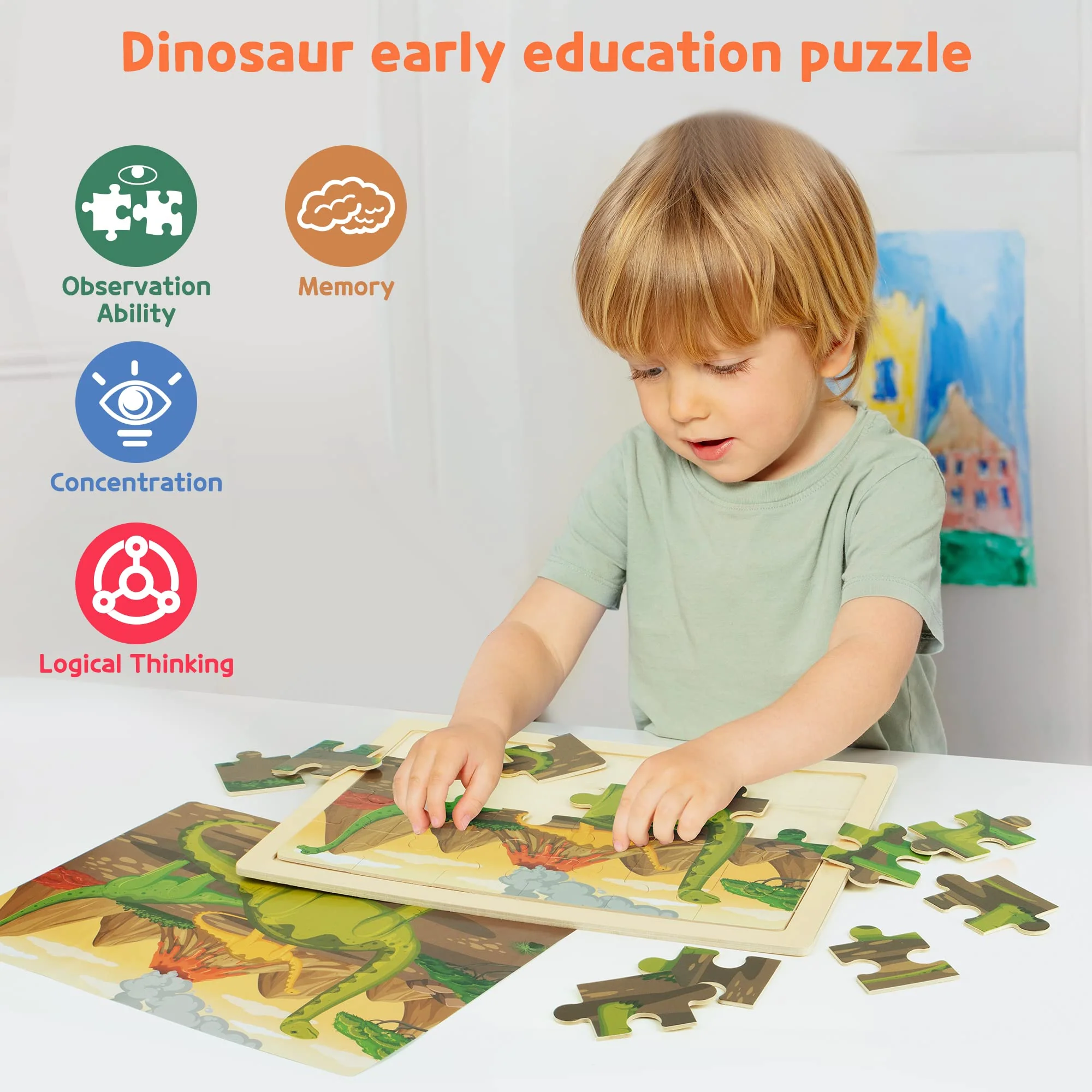 SYNARRY Dinosaurier Puzzle ab 3 4 5 6 Jahre, 4x24 Teilen Kinder Dino Holzpuzzle, Vorschule Lehrreiches Spielzeug, Geschenke für Kinder für Jungen und Mädchen - Image 3