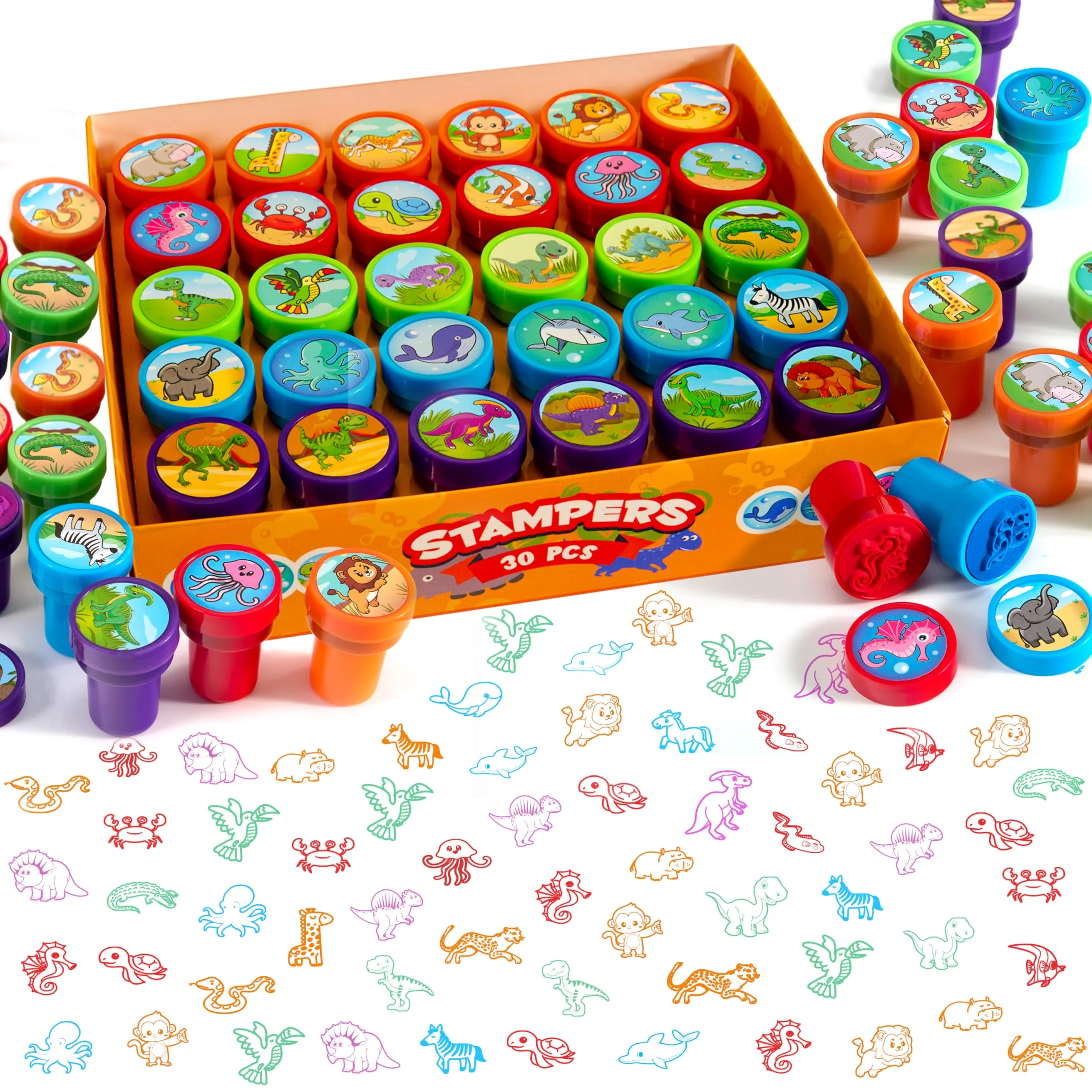 SYNCFUN 30 Stück Tiere Mini Stempel Kinder Ab 2 Jahre, Selbstfärbende 5 Farben, 30 Tiere Kinder Stempel Kleine Geschenke Für Kinder, Mitgebsel Kindergeburtstag Gastgeschenke, Zoo Stempel Tiere