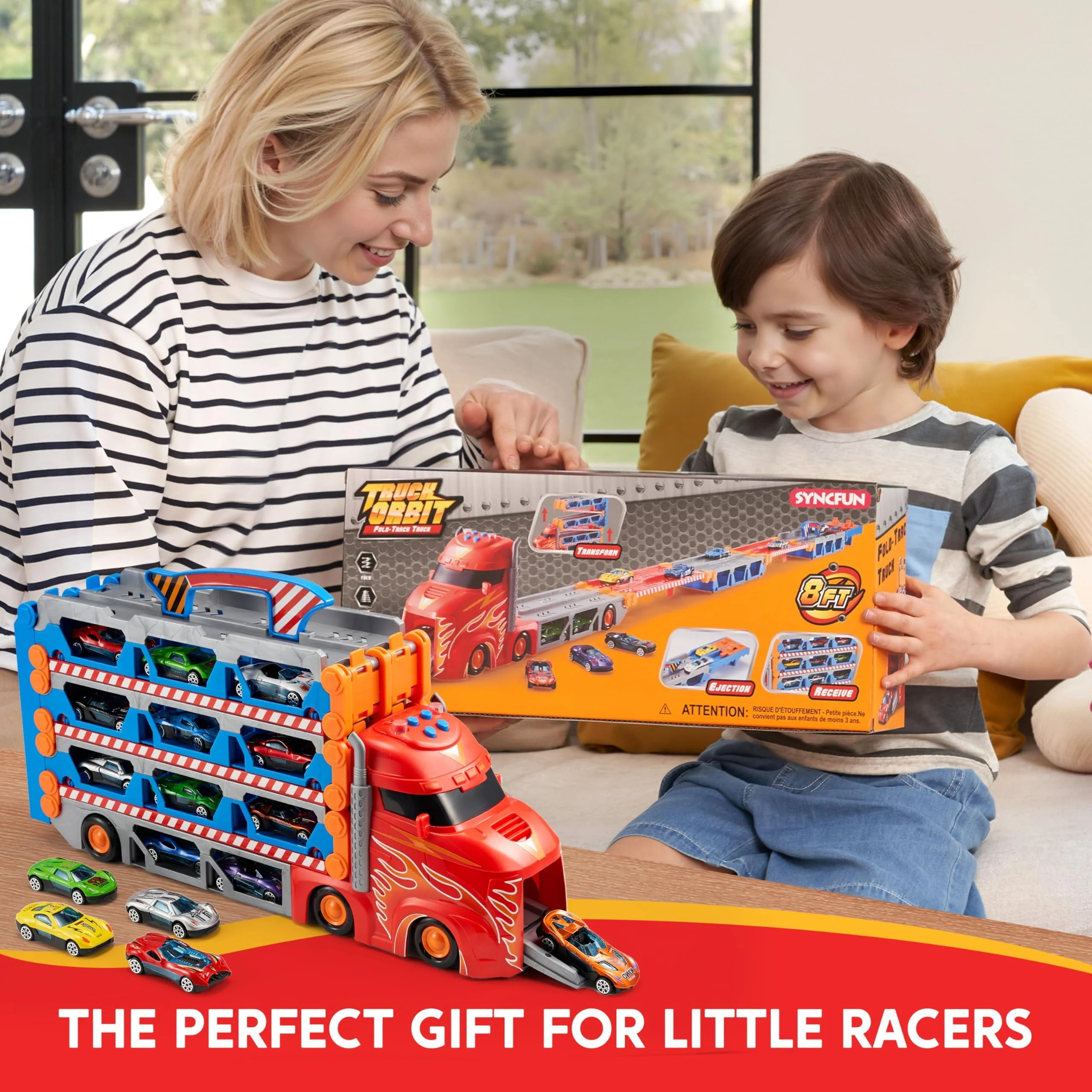 SYNCFUN Transport Renn Truck Spielzeugautos,riesiges Rennstrecken Truck Spielzeug,faltbares Set mit 12 Metallautos,Lichtern und Geräuschen,Geschenk für 3,4,5,6 und 7jährige Jungen und Mädchen - Image 2