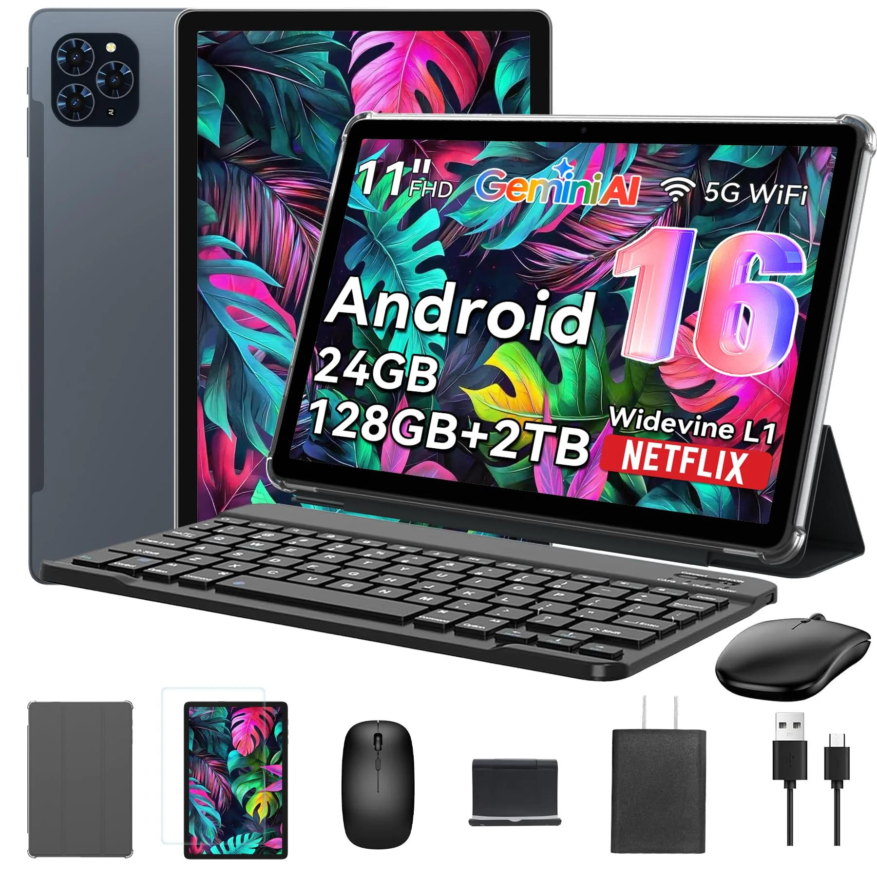 Tablet 2025 Das weltweit erste Android 16 Tablets mit Gemini AI, 11 Zoll FHD Display, 24GB RAM 128GB ROM / 2TB TF, 13MP Kamera, 8000mAh, Widevine L1, 5G WiFi, 2 in 1 - Tablet mit Tastatur und Stift