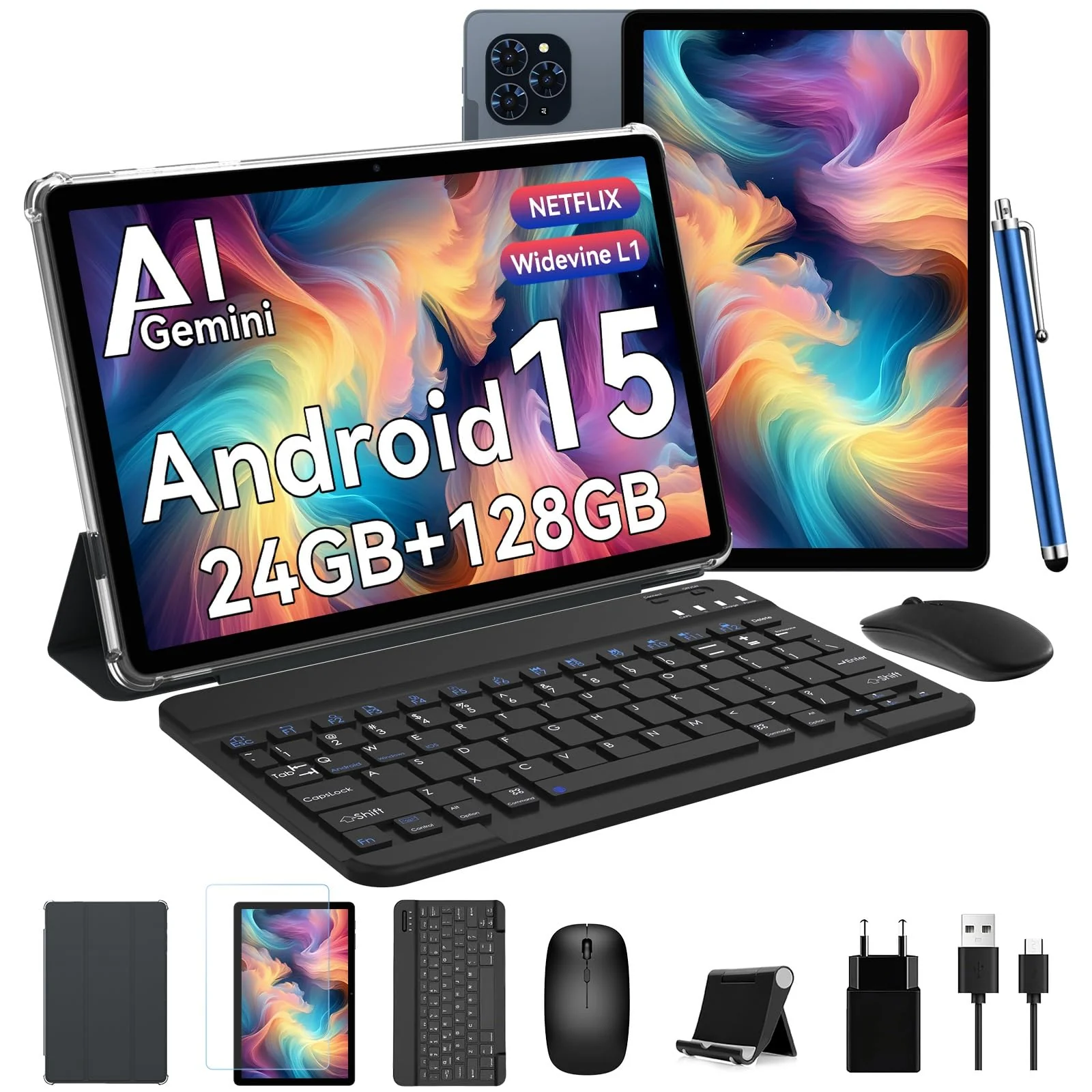 TABWEE Android 15 Tablet mit Tastatur - 24GB RAM+128GB ROM+2TB TF, Octa Core, Gaming Tablet 11 Zoll, Widevine L1, 1920x1200 FHD+IPS, 8000mAh Akuu, Gemini AI, 13MP+5MP KI Kamera, Face ID, 5G WiFi, GPS