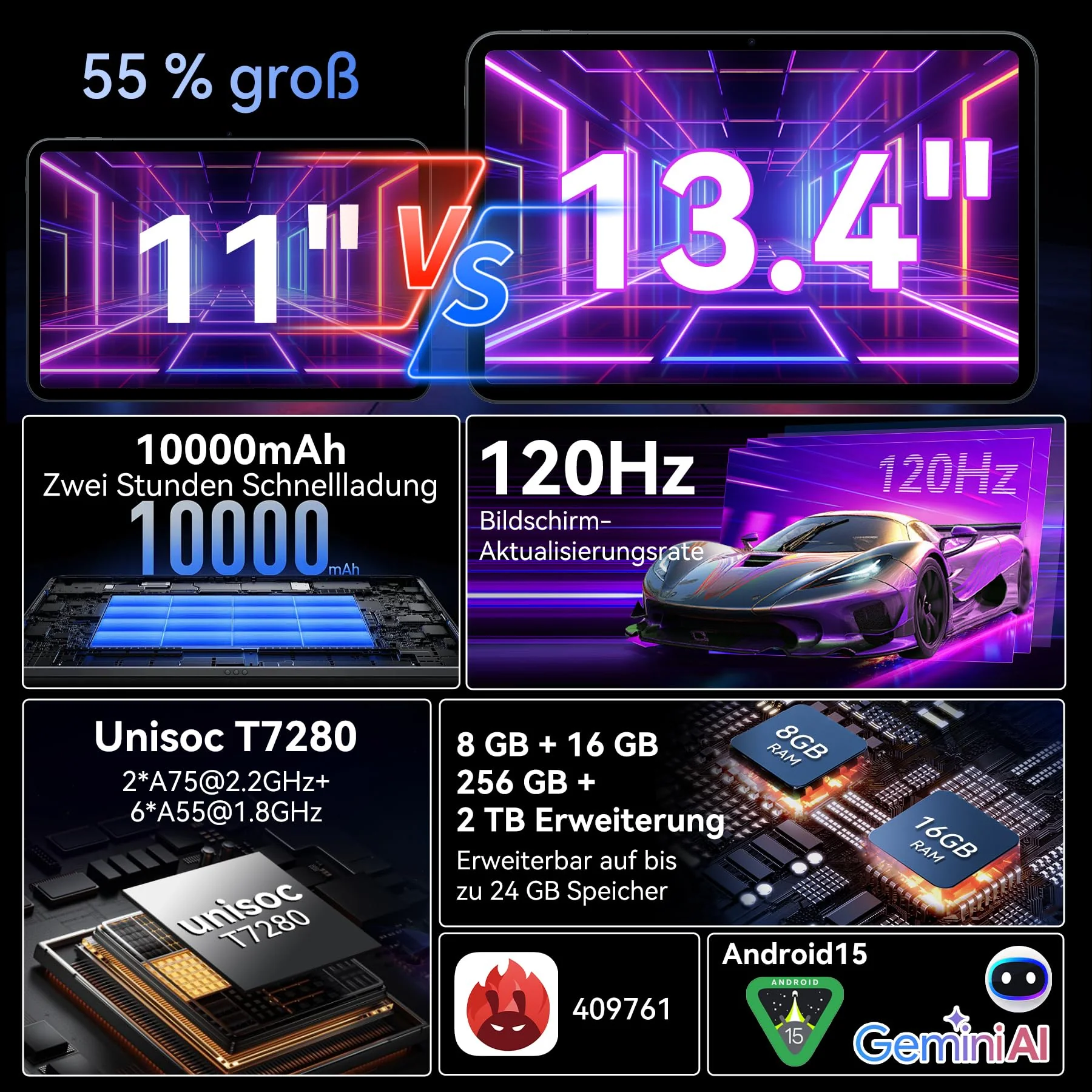 TABWEE T60 Pro Tablet 13,4 Zoll Android 15, 120Hz Display, 24GB RAM + 256GB ROM (2TB TF), 10000mAh Akku, Octa-Core Gaming Tablet, Widevine L1, 5G WiFi, 18W Schnellladung, inkl. Tastatur und Stift. - Image 8