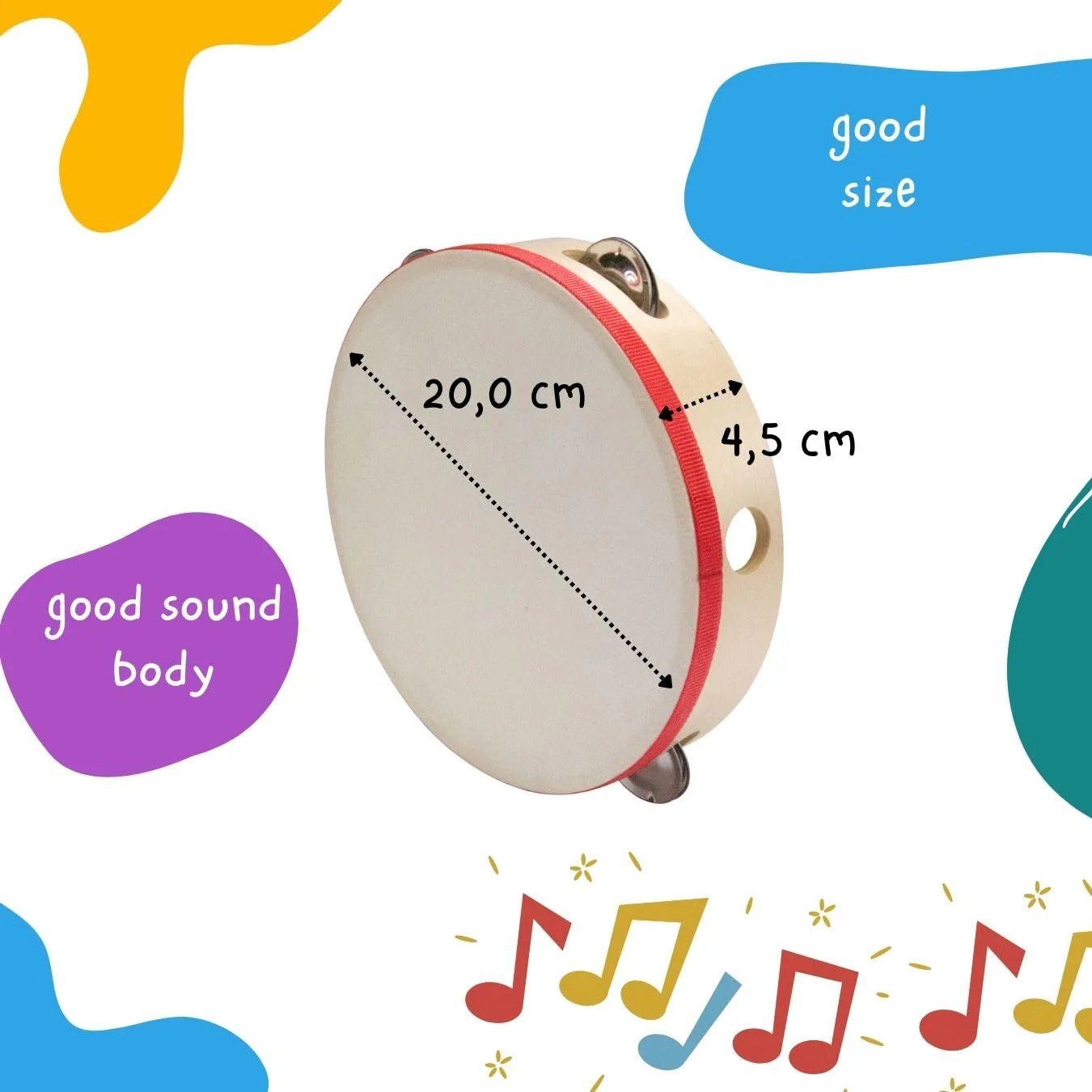 Tamburin Handtrommel Tambourin aus Holz, Musikinstrument für Kinder D: 20 cm aus Holz mit 5 Schellen - 3833 - Image 2