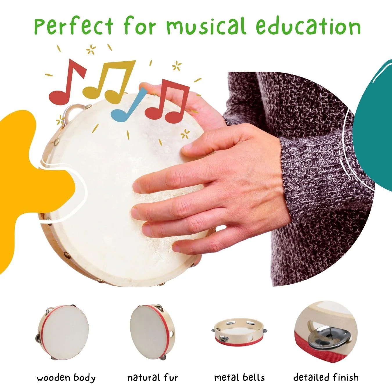 Tamburin Handtrommel Tambourin aus Holz, Musikinstrument für Kinder D: 20 cm aus Holz mit 5 Schellen - 3833 - Image 3