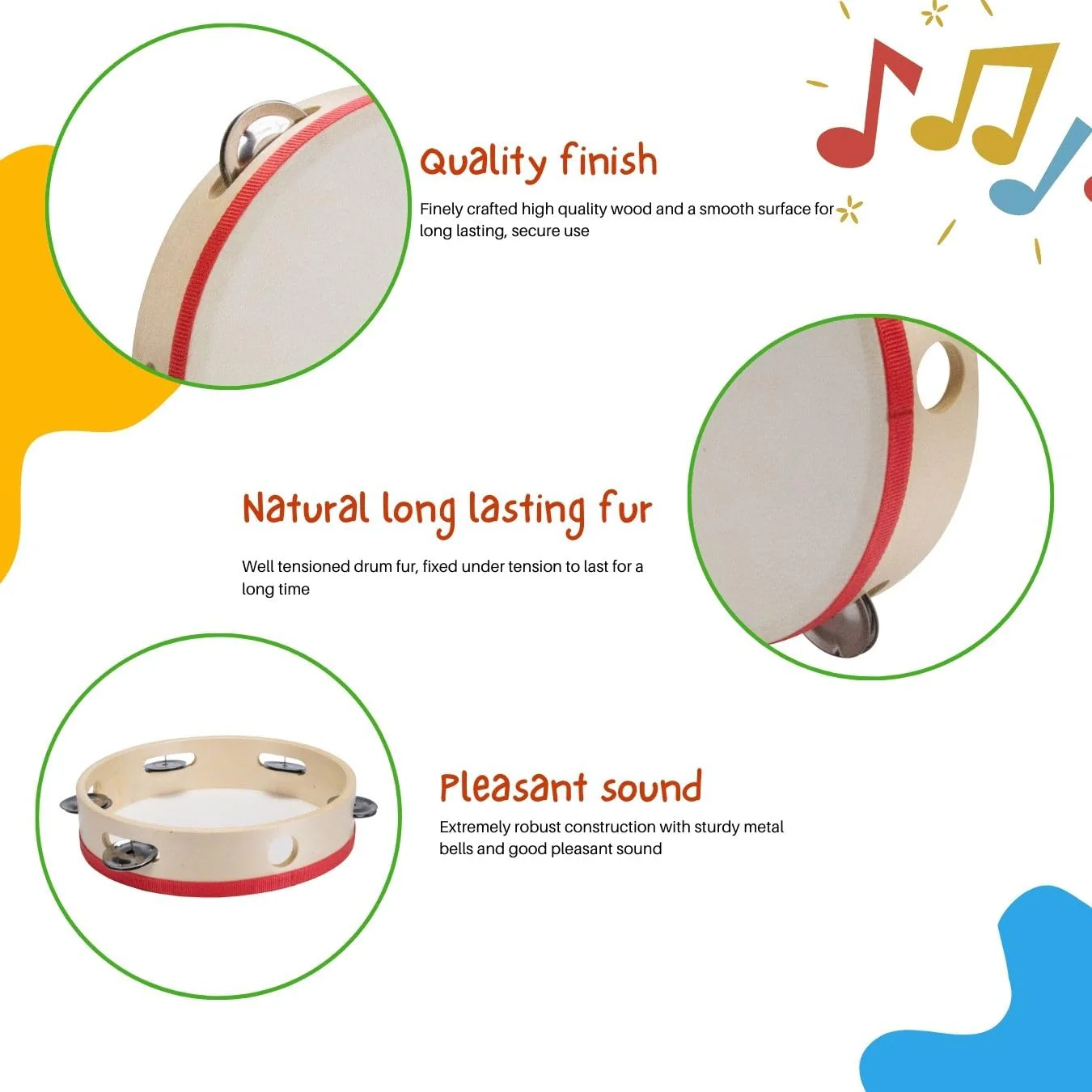 Tamburin Handtrommel Tambourin aus Holz, Musikinstrument für Kinder D: 20 cm aus Holz mit 5 Schellen - 3833 - Image 4