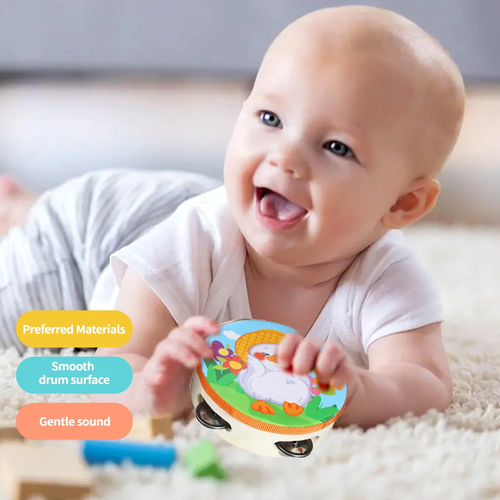 Tamburin Kinder,Zuzer 2PCS Tambourine Holz Handtrommeln 6 Zoll Handheld Tamburin,Tamburine mit Glöckchen Musikinstrumente für Kinder Baby - Image 4