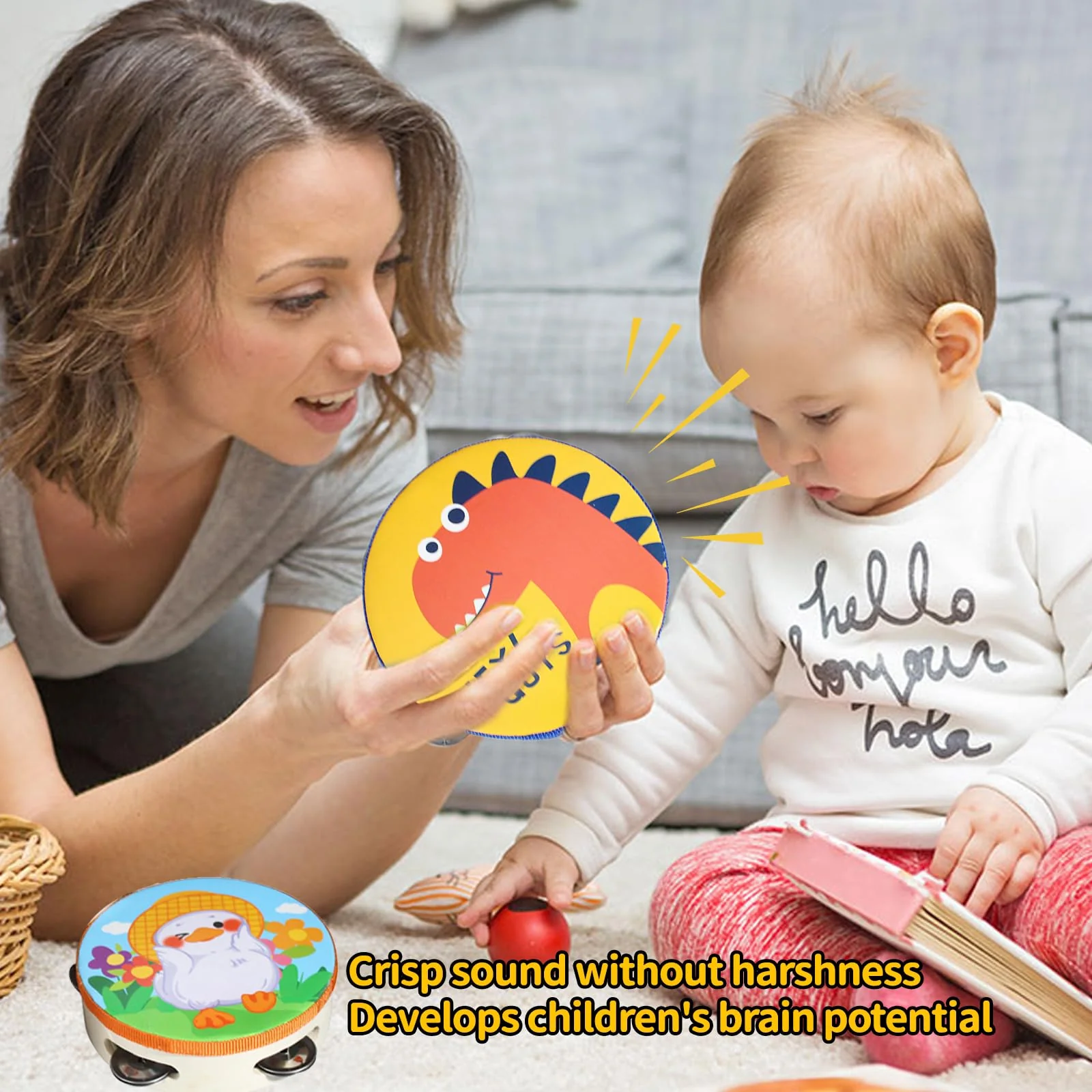 Tamburin Kinder,Zuzer 2PCS Tambourine Holz Handtrommeln 6 Zoll Handheld Tamburin,Tamburine mit Glöckchen Musikinstrumente für Kinder Baby - Image 5