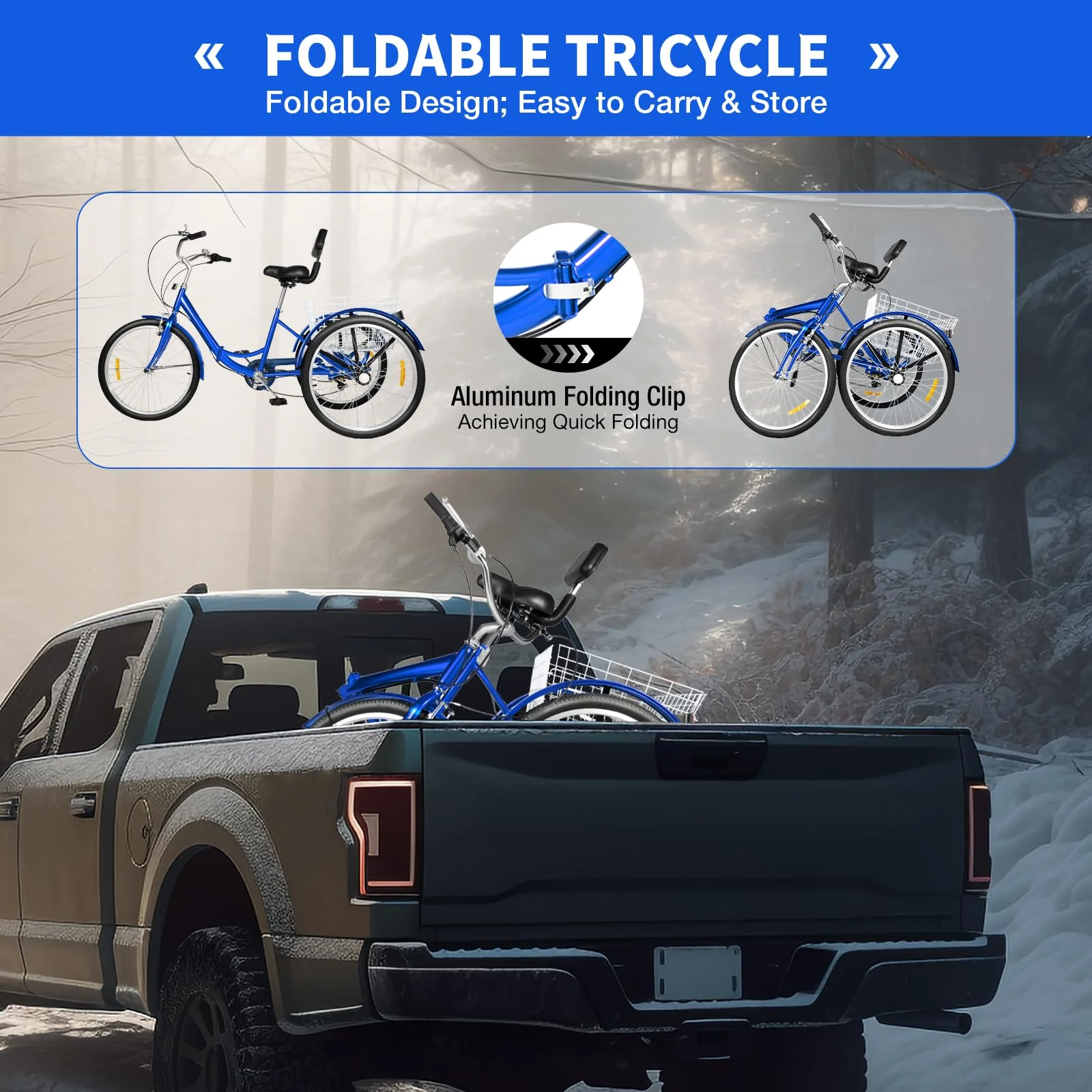 Taozhiyy 24 Zoll Dreirad Erwachsene, Faltbar 3 Rad Fahrrad, 7 Speed 3 Räder Cruise Bike mit Korb Rückenlehne, Trike Tricycle Scheibenbremse Belastung 120kg (Blau)