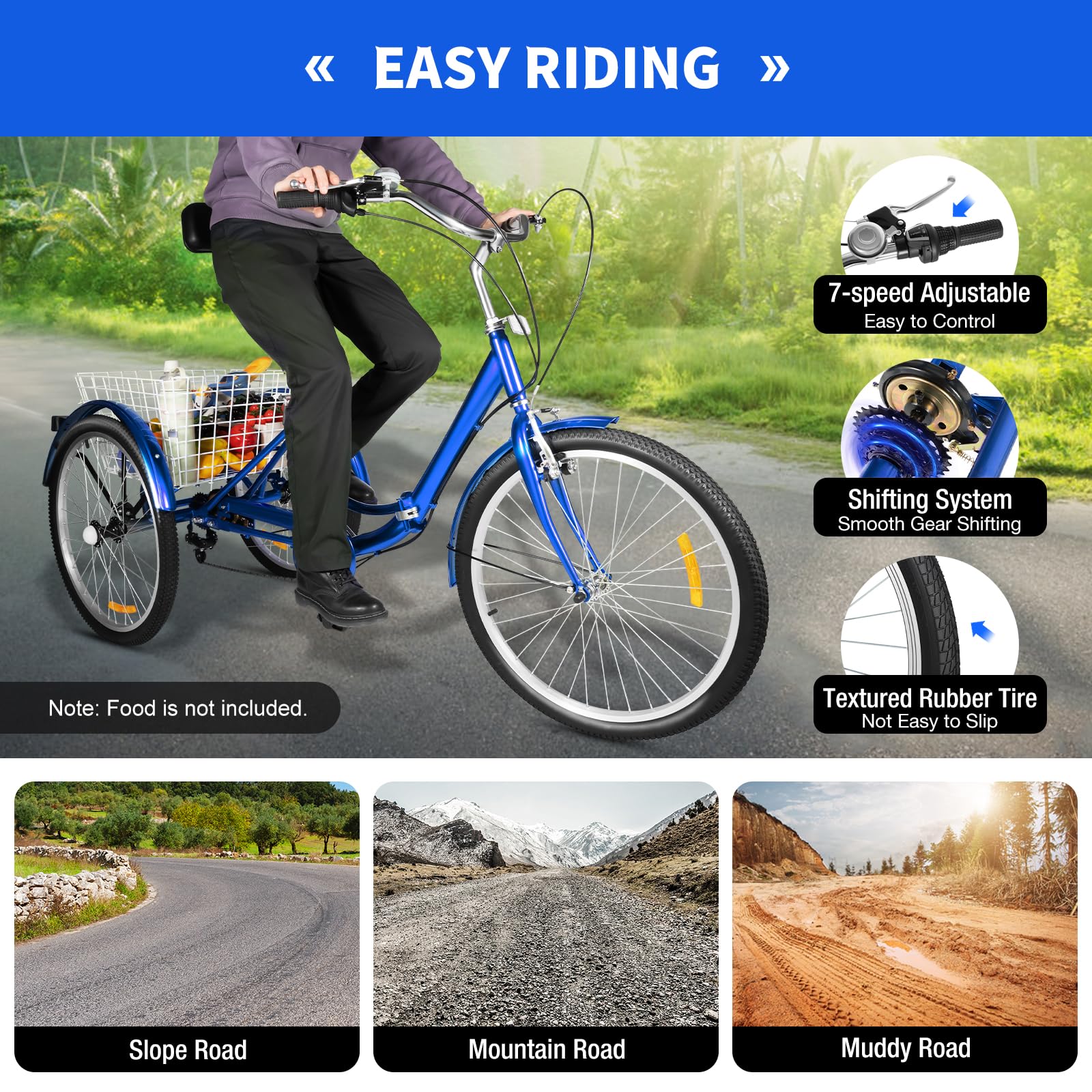 Taozhiyy 24 Zoll Dreirad Erwachsene, Faltbar 3 Rad Fahrrad, 7 Speed 3 Räder Cruise Bike mit Korb Rückenlehne, Trike Tricycle Scheibenbremse Belastung 120kg (Blau) - Image 5
