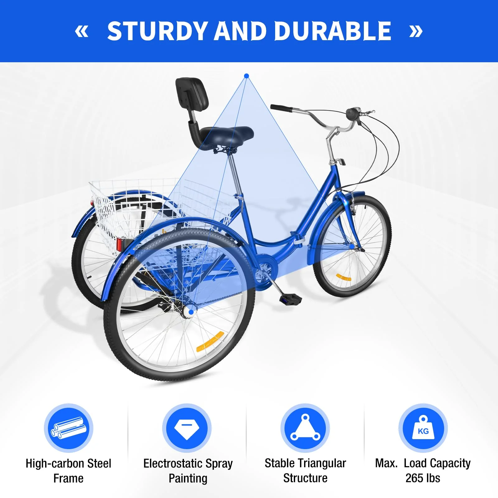 Taozhiyy 24 Zoll Dreirad Erwachsene, Faltbar 3 Rad Fahrrad, 7 Speed 3 Räder Cruise Bike mit Korb Rückenlehne, Trike Tricycle Scheibenbremse Belastung 120kg (Blau) - Image 6