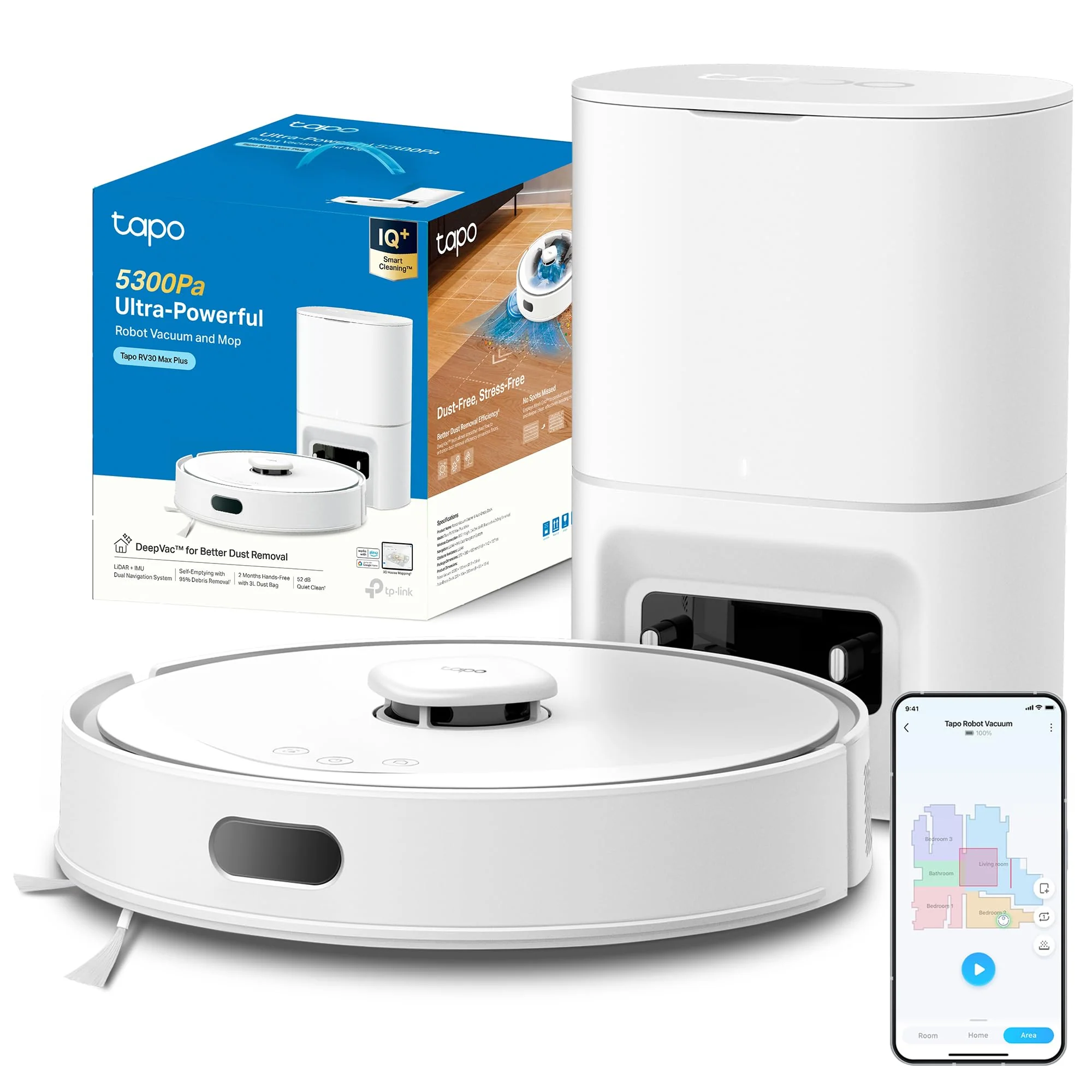 Tapo RV30 Max Plus Saugroboter mit Wischfunktion und automatischer Absaugstation, 5300Pa Ultra Starke Saugkraft, LiDAR+IMU Dual-Navigation, Alexa & Google Assistant Sprachsteuerung, Weiß