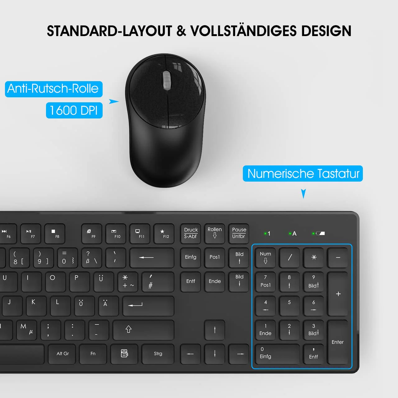 Tastatur Maus Kabellos, 2,4GHz Büro Maus Tastatur Set Kabellos mit USB, Tastatur in voller Größe, Leise Maus mit 1600DPI, für Windows, Desktop PC, Chromebook, Laptop, Computer(Deutsche/Schwarz) - Image 2
