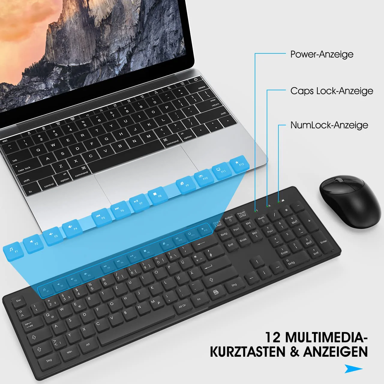 Tastatur Maus Kabellos, 2,4GHz Büro Maus Tastatur Set Kabellos mit USB, Tastatur in voller Größe, Leise Maus mit 1600DPI, für Windows, Desktop PC, Chromebook, Laptop, Computer(Deutsche/Schwarz) - Image 4