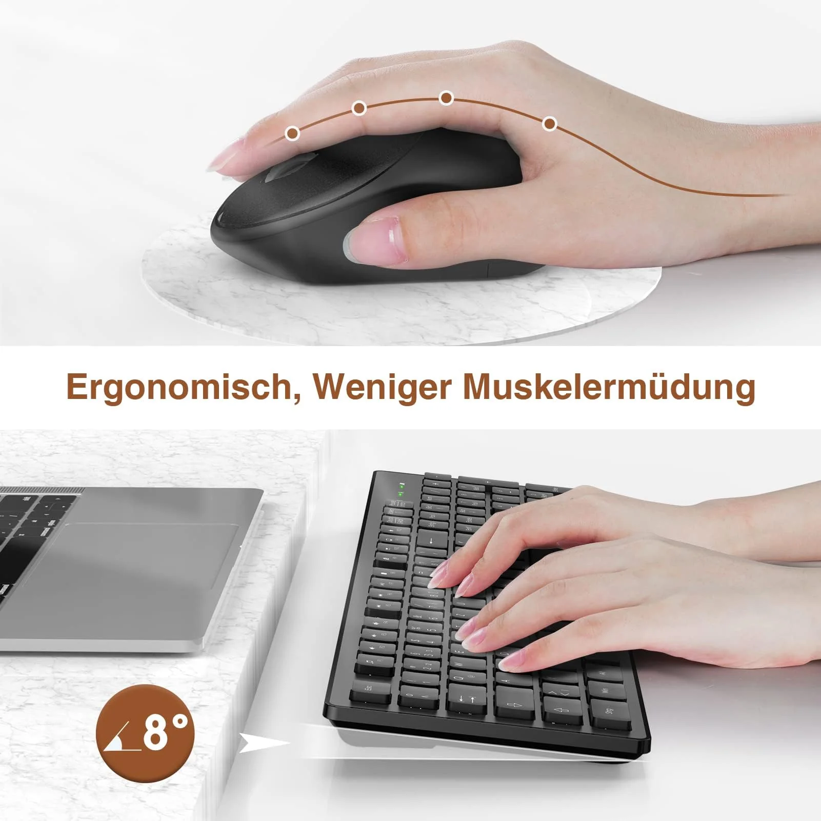 Tastatur Maus Set Kabellos, 2,4GHz Kabellose Tastatur und Maus, Funktastatur in Standardgröße mit Ziffernblock, 1600DIP Ergonomische Maus, für Windows/PC/Laptop/Computer - QWERTZ, Schwarz - Image 3