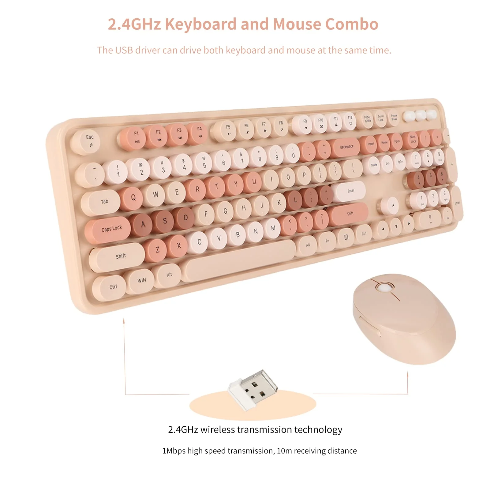 Tastatur Maus Set Kabellos, 2.4GHz tastatur kabellos mit abnehmbaren runden Tastenkappen, Niedliche 104 Tasten Milchtee Tastatur und Maus für Office Home Gaming
