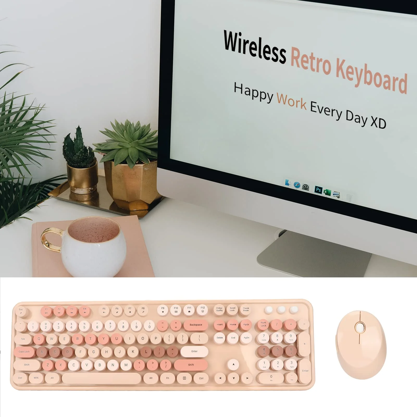 Tastatur Maus Set Kabellos, 2.4GHz tastatur kabellos mit abnehmbaren runden Tastenkappen, Niedliche 104 Tasten Milchtee Tastatur und Maus für Office Home Gaming - Image 2