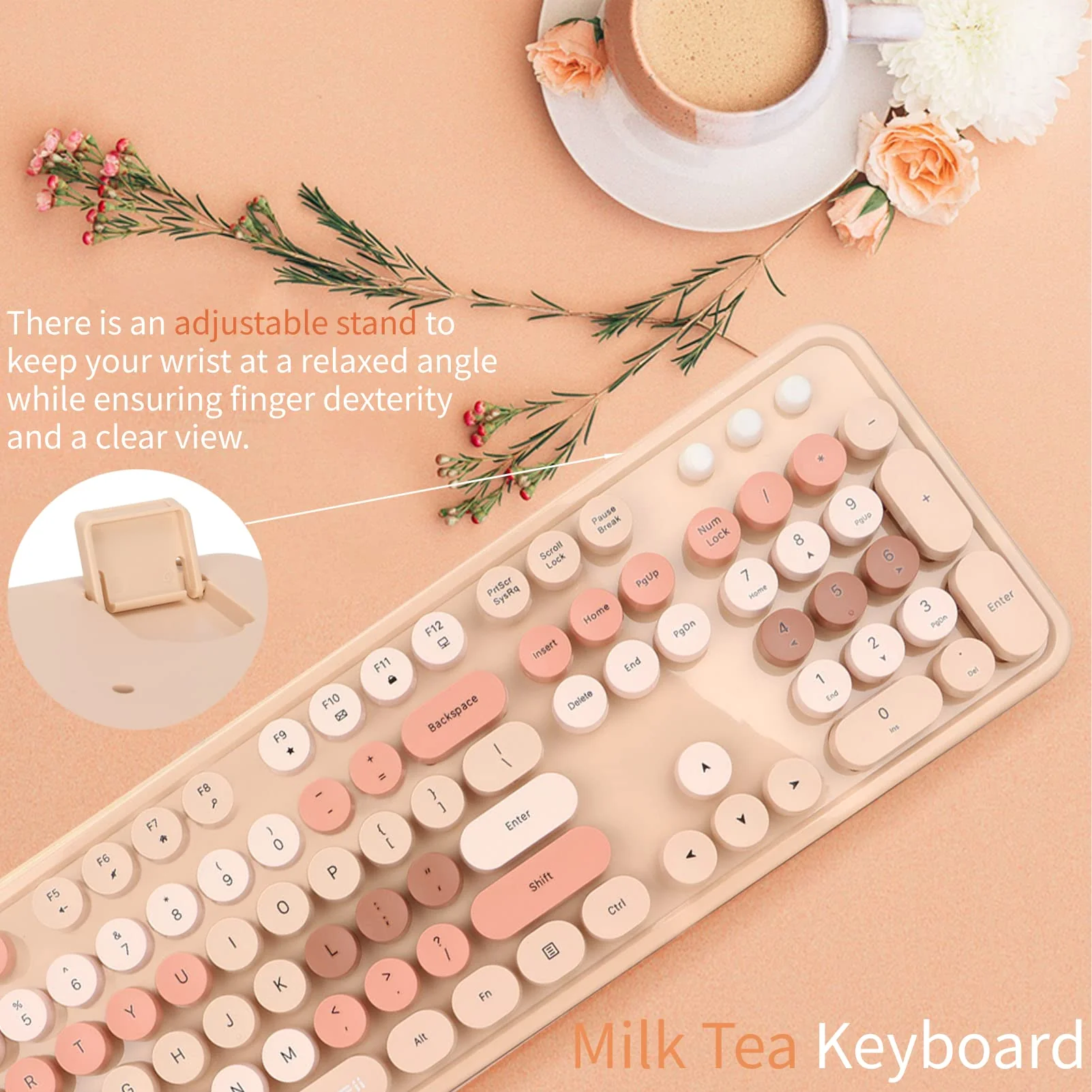 Tastatur Maus Set Kabellos, 2.4GHz tastatur kabellos mit abnehmbaren runden Tastenkappen, Niedliche 104 Tasten Milchtee Tastatur und Maus für Office Home Gaming - Image 3