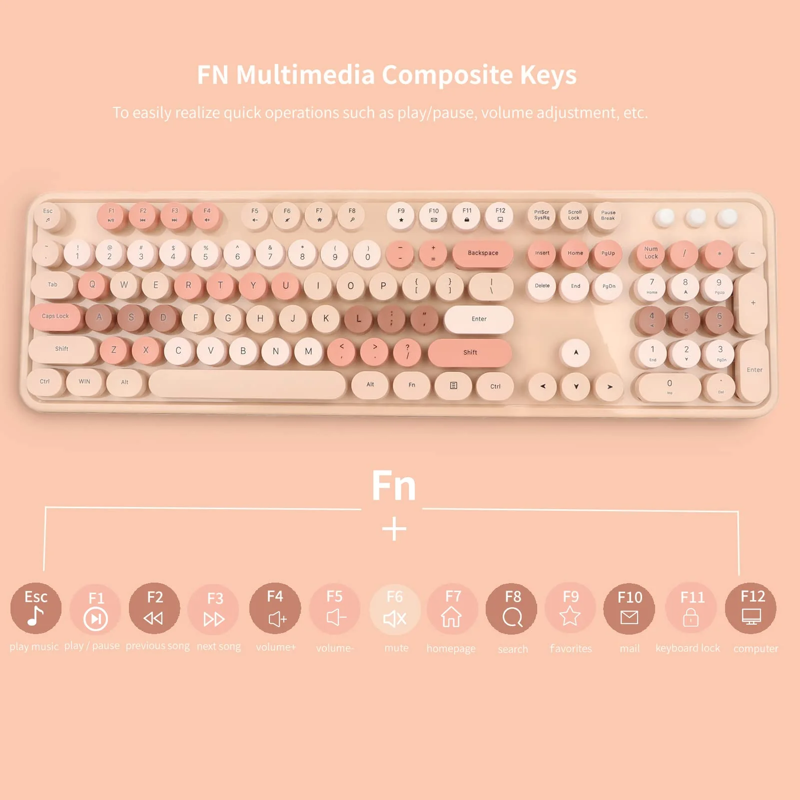 Tastatur Maus Set Kabellos, 2.4GHz tastatur kabellos mit abnehmbaren runden Tastenkappen, Niedliche 104 Tasten Milchtee Tastatur und Maus für Office Home Gaming - Image 8