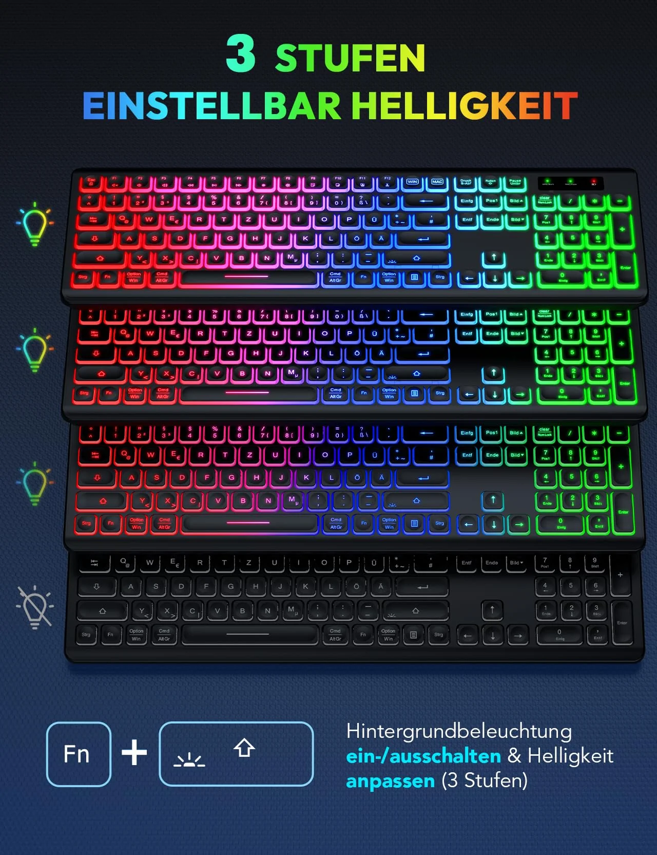 Tastatur Maus Set Kabellos Beleuchtete, wiederaufladbar & Automatischer Schlaf, verstellbare Höhe, 2,4 GHz LED leise USB-A & USB-C Funktastatur mit Maus, für Mac OS/Windows/PC/Laptop-Schwarz, QWERTZ