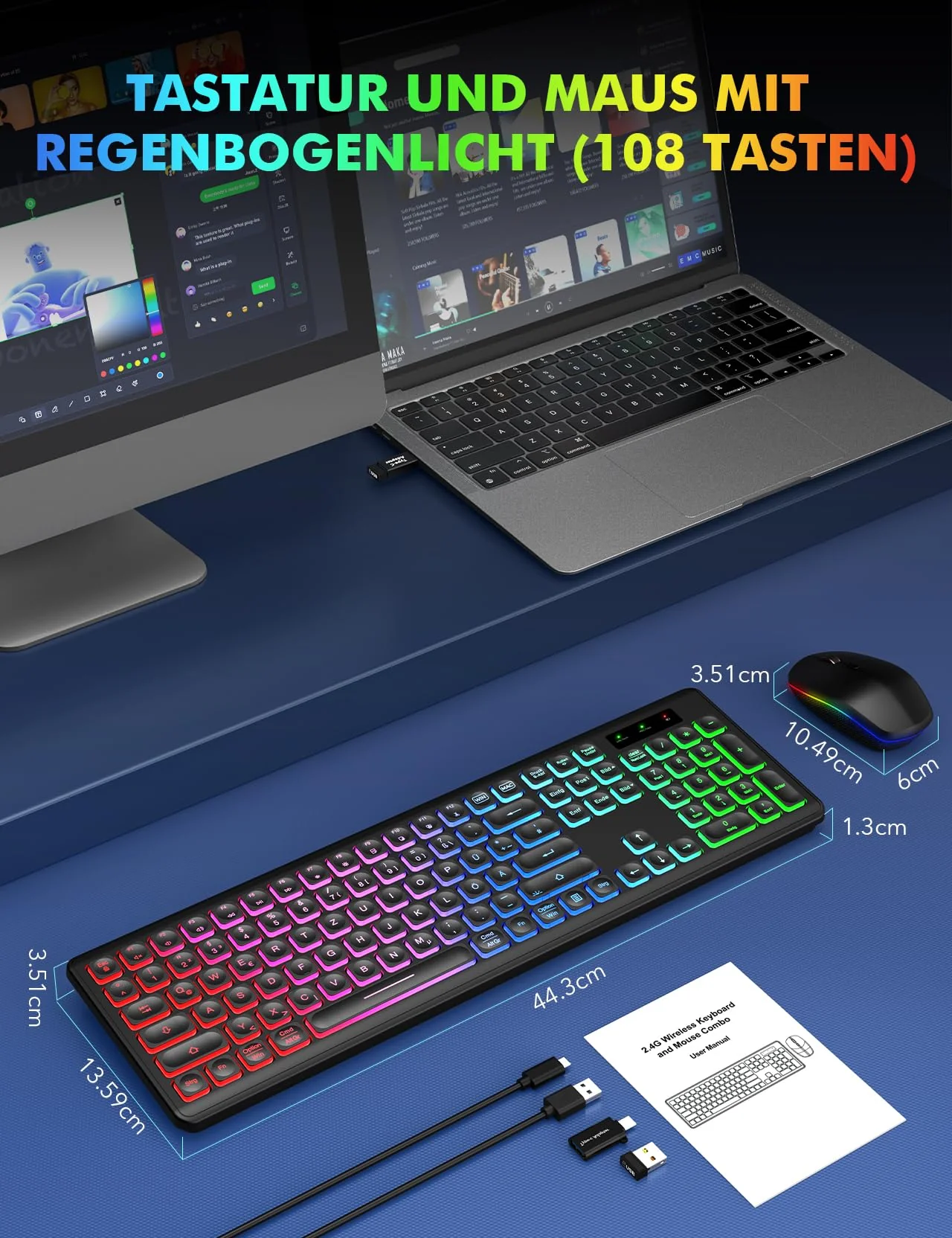 Tastatur Maus Set Kabellos Beleuchtete, wiederaufladbar & Automatischer Schlaf, verstellbare Höhe, 2,4 GHz LED leise USB-A & USB-C Funktastatur mit Maus, für Mac OS/Windows/PC/Laptop-Schwarz, QWERTZ - Image 2