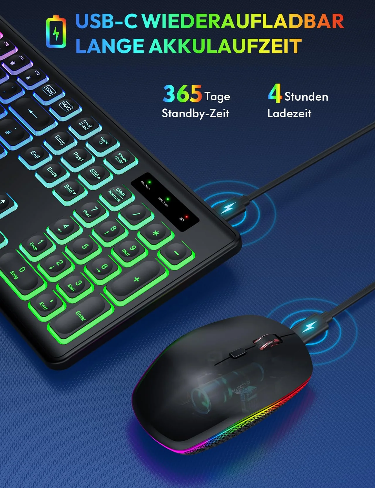 Tastatur Maus Set Kabellos Beleuchtete, wiederaufladbar & Automatischer Schlaf, verstellbare Höhe, 2,4 GHz LED leise USB-A & USB-C Funktastatur mit Maus, für Mac OS/Windows/PC/Laptop-Schwarz, QWERTZ - Image 4