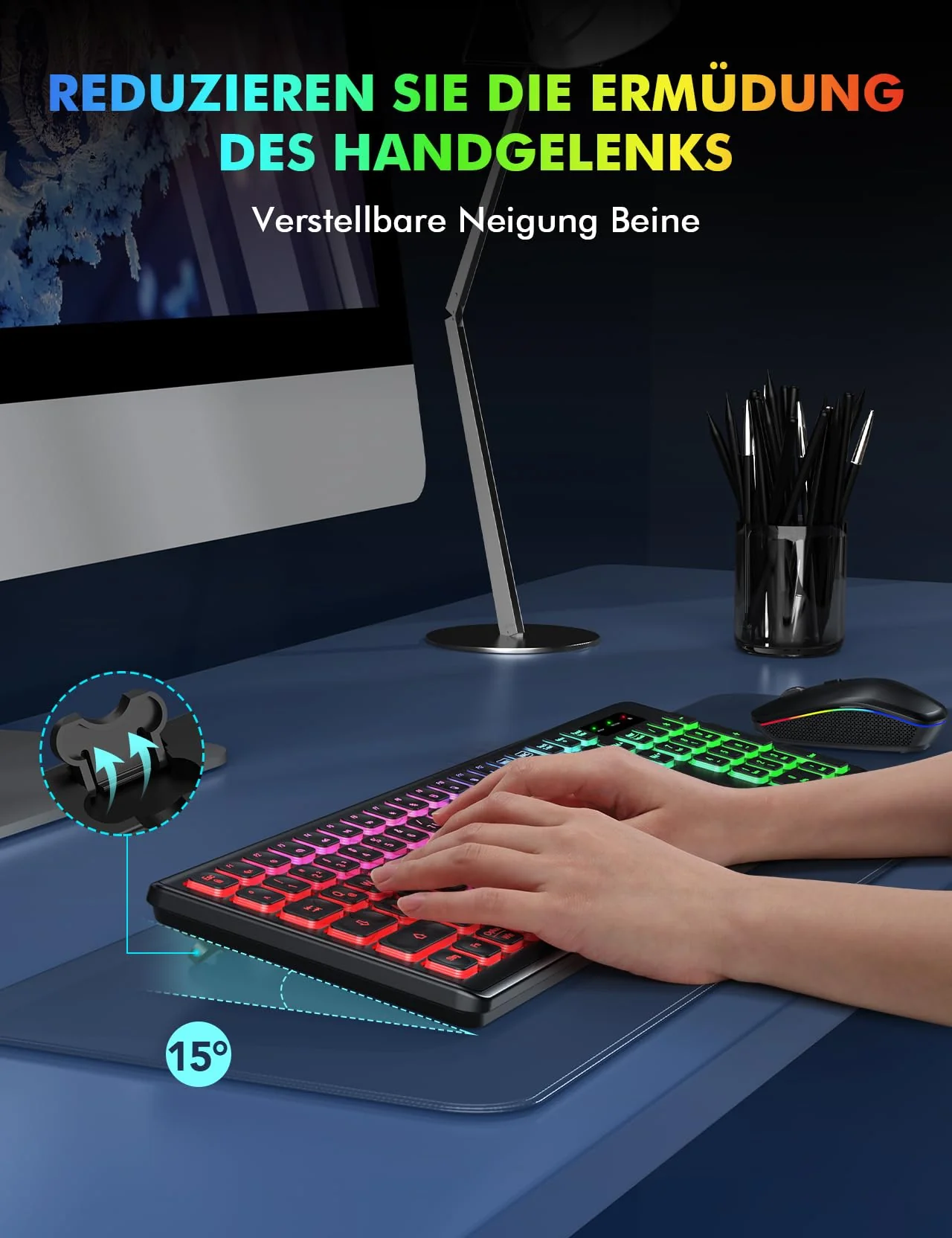Tastatur Maus Set Kabellos Beleuchtete, wiederaufladbar & Automatischer Schlaf, verstellbare Höhe, 2,4 GHz LED leise USB-A & USB-C Funktastatur mit Maus, für Mac OS/Windows/PC/Laptop-Schwarz, QWERTZ - Image 5