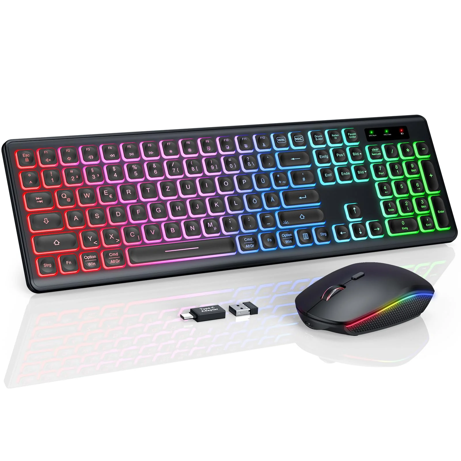 Tastatur Maus Set Kabellos Beleuchtete, wiederaufladbar & Automatischer Schlaf, verstellbare Höhe, 2,4 GHz LED leise USB-A & USB-C Funktastatur mit Maus, für Mac OS/Windows/PC/Laptop-Schwarz, QWERTZ - Image 6