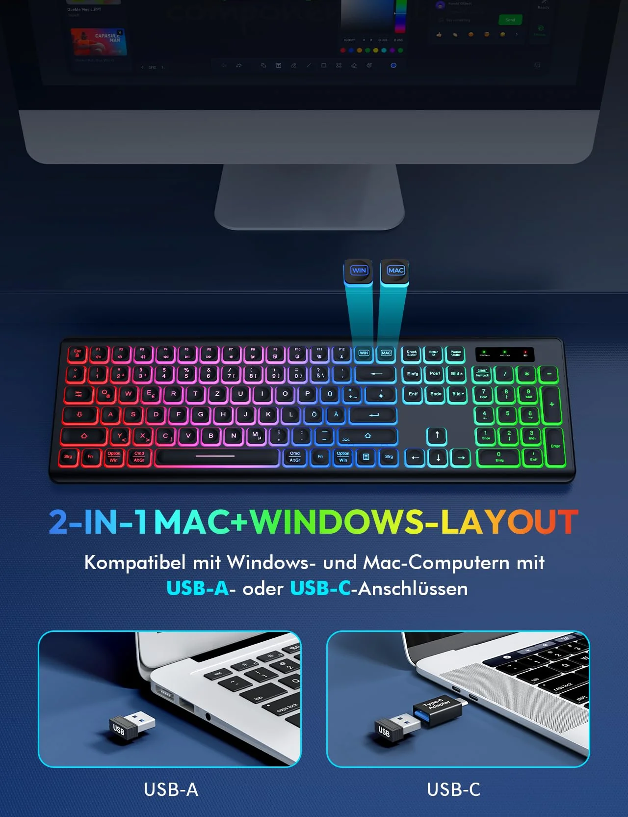 Tastatur Maus Set Kabellos Beleuchtete, wiederaufladbar & Automatischer Schlaf, verstellbare Höhe, 2,4 GHz LED leise USB-A & USB-C Funktastatur mit Maus, für Mac OS/Windows/PC/Laptop-Schwarz, QWERTZ - Image 7