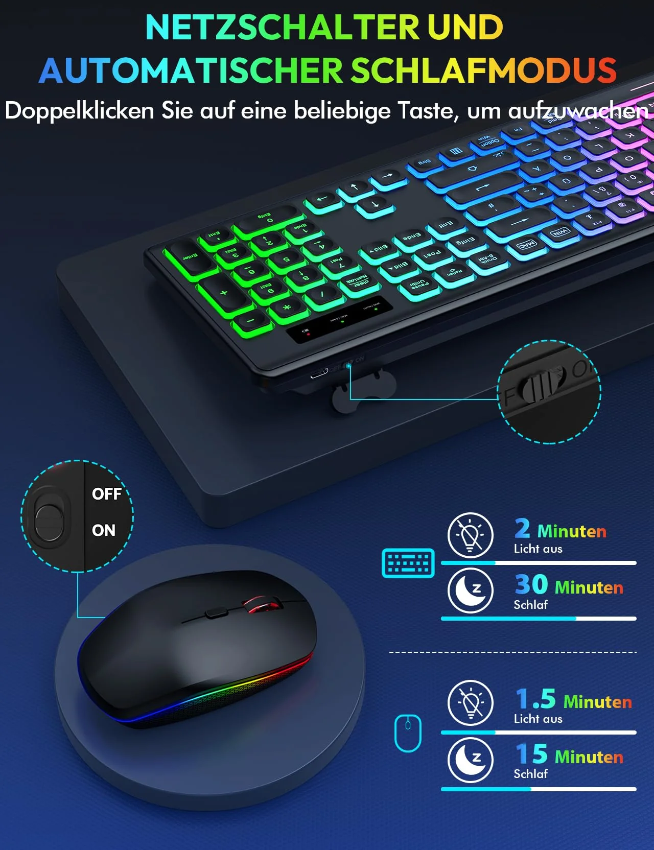 Tastatur Maus Set Kabellos Beleuchtete, wiederaufladbar & Automatischer Schlaf, verstellbare Höhe, 2,4 GHz LED leise USB-A & USB-C Funktastatur mit Maus, für Mac OS/Windows/PC/Laptop-Schwarz, QWERTZ - Image 8