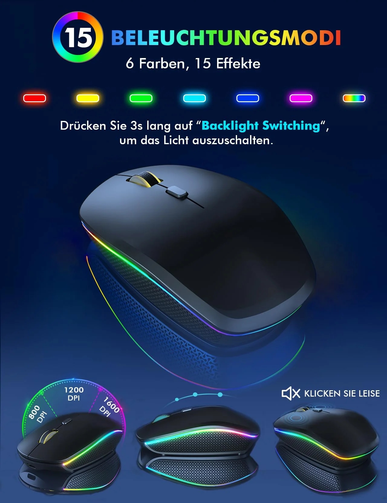 Tastatur Maus Set Kabellos Beleuchtete, wiederaufladbar & Automatischer Schlaf, verstellbare Höhe, 2,4 GHz LED leise USB-A & USB-C Funktastatur mit Maus, für Mac OS/Windows/PC/Laptop-Schwarz, QWERTZ - Image 9