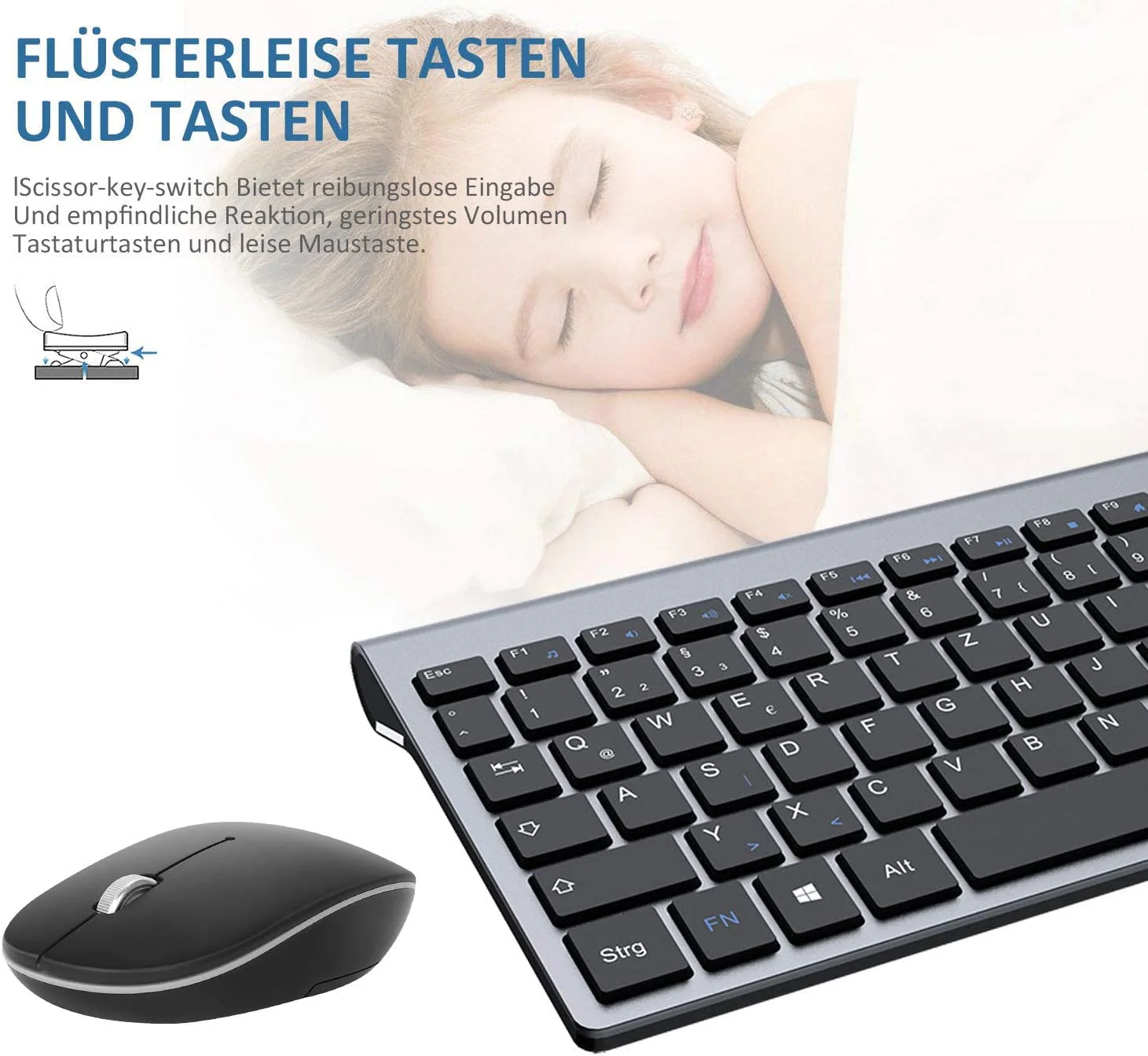 Tastatur Maus Set Kabellos - (Deutsch) USB QWERTZ Funk Tastatur Klein Maus Ultradünne Leise Ergonomisch Tastatur für Computer/PC/Laptop/Smart TV/Windows - Schwarz - Image 3