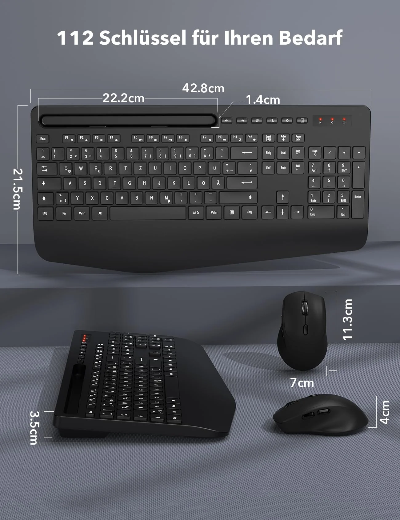 Tastatur Maus Set Kabellos, Ergonomische Tastatur in Voller Größe mit Handgelenkauflage, Telefonhalter, Schlafmodus, Leise 2,4 GHz kabellose Tastatur und Maus für Mac, Windows, Computer, Laptop, PC - Image 2